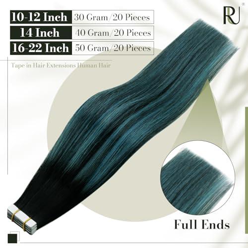 RUNATURE RUNATURE Black Ombre Tape in Hair Extensions Real Human Hair Tape in Extenions Short Natural Black to Blue Tape in Human Hair Extensions Teal Straight Glue in Hair Extensions Human Hair 12 Inch 30g