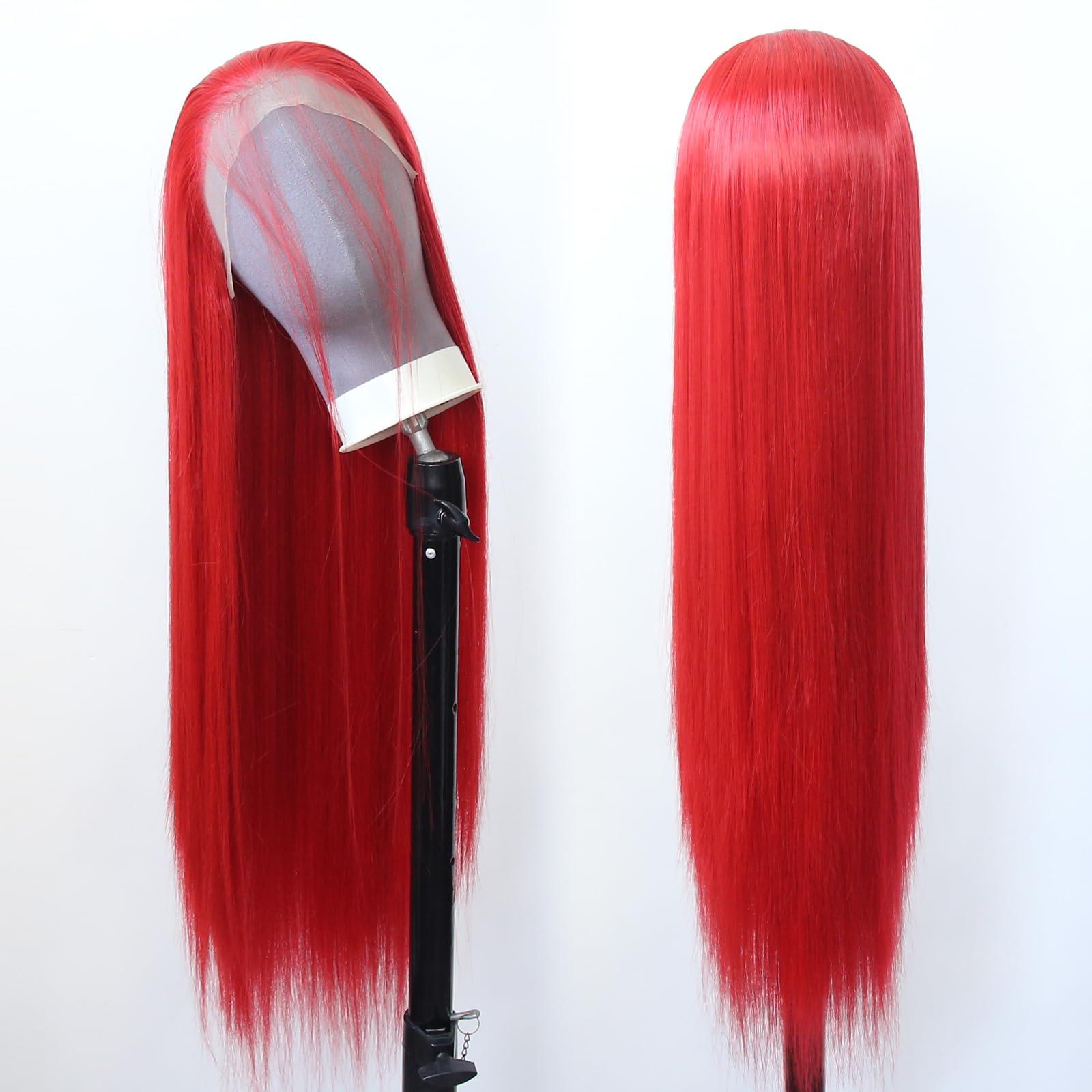 zigzag hair zigzag hair Red Wig Long Straight Bright Red Synthetic Lace Front Wigs Pre Plucked with Natural Hairline for Fashion Women Heat Resistant Hair Red Glueless Synthetic Lace Wig (Bright Red)