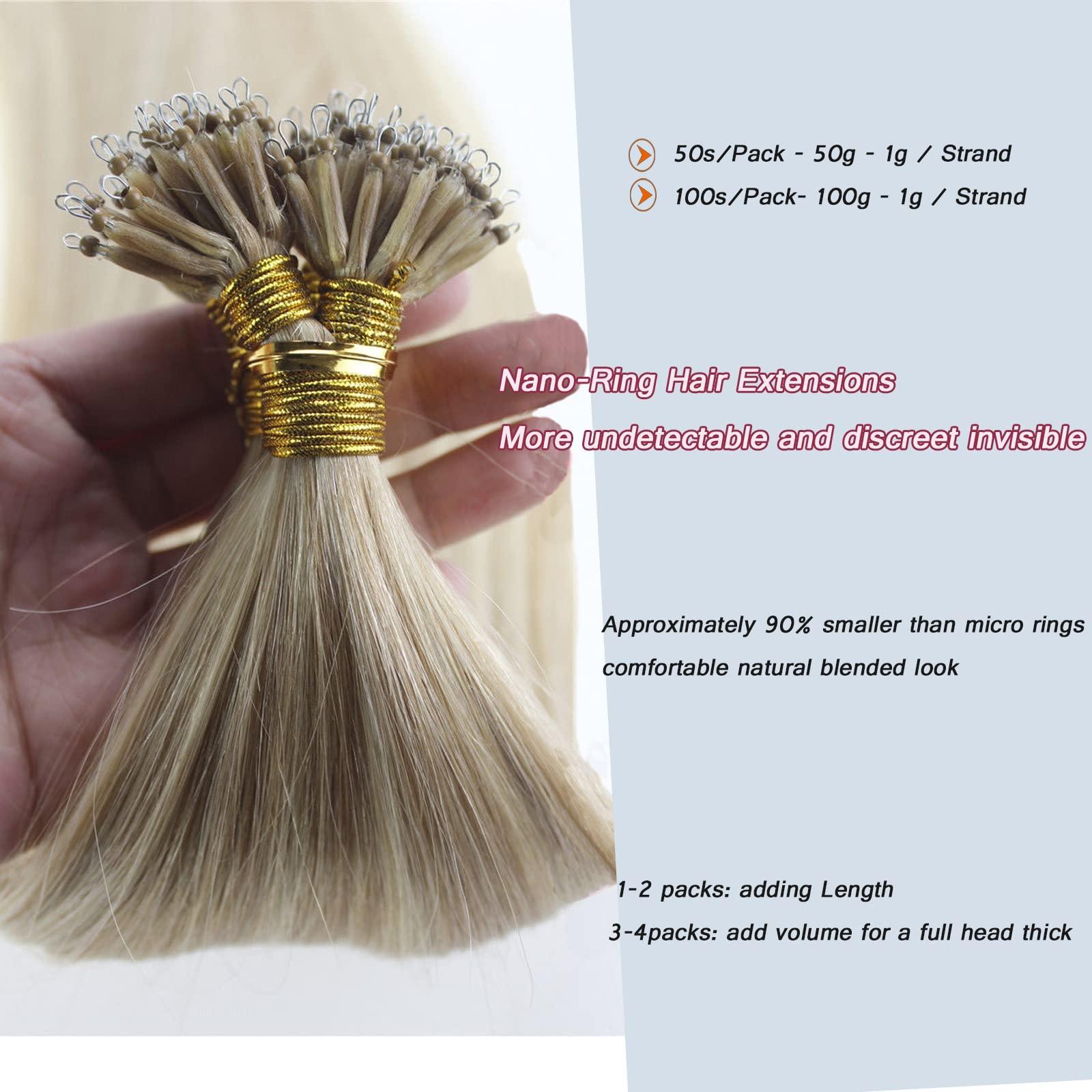 Yotty Nano Ring Hair Extensions Human Hair Keratin Cold Fusion Nano Tip Micro Nano Beads Link Thick Hair Balayage Highlight Ombre Real Remy Hair 1g/s (16inch100gr100s, P18/613 Ash Blonde Mix Light Blonde)