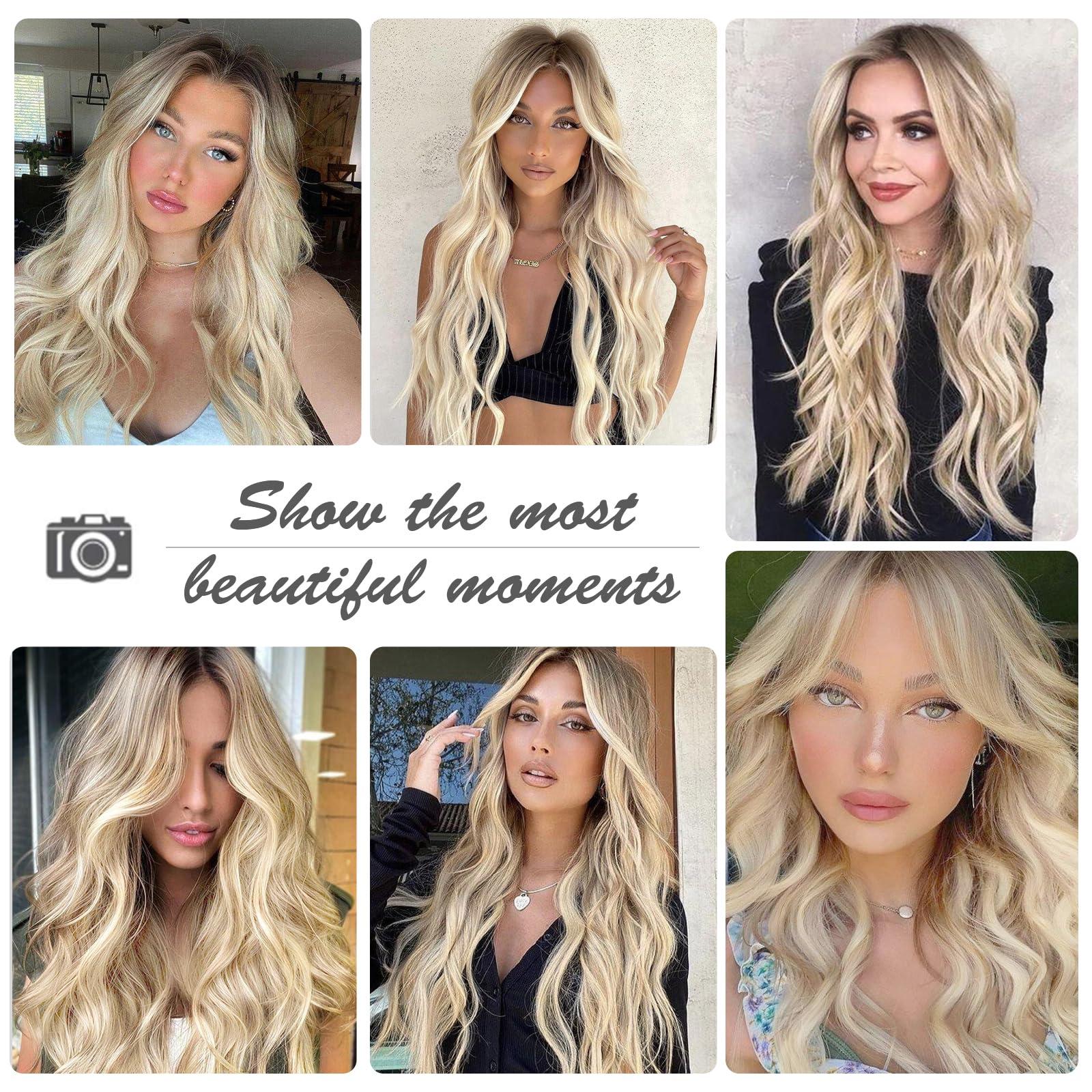 HAIRCUBE HAIRCUBE Blonde Long Curly Wig with Bangs Dark Root Highlight Natural Appearance Heat-Resistant Synthetic Wig Suitable for Fashionable Women 25Inch