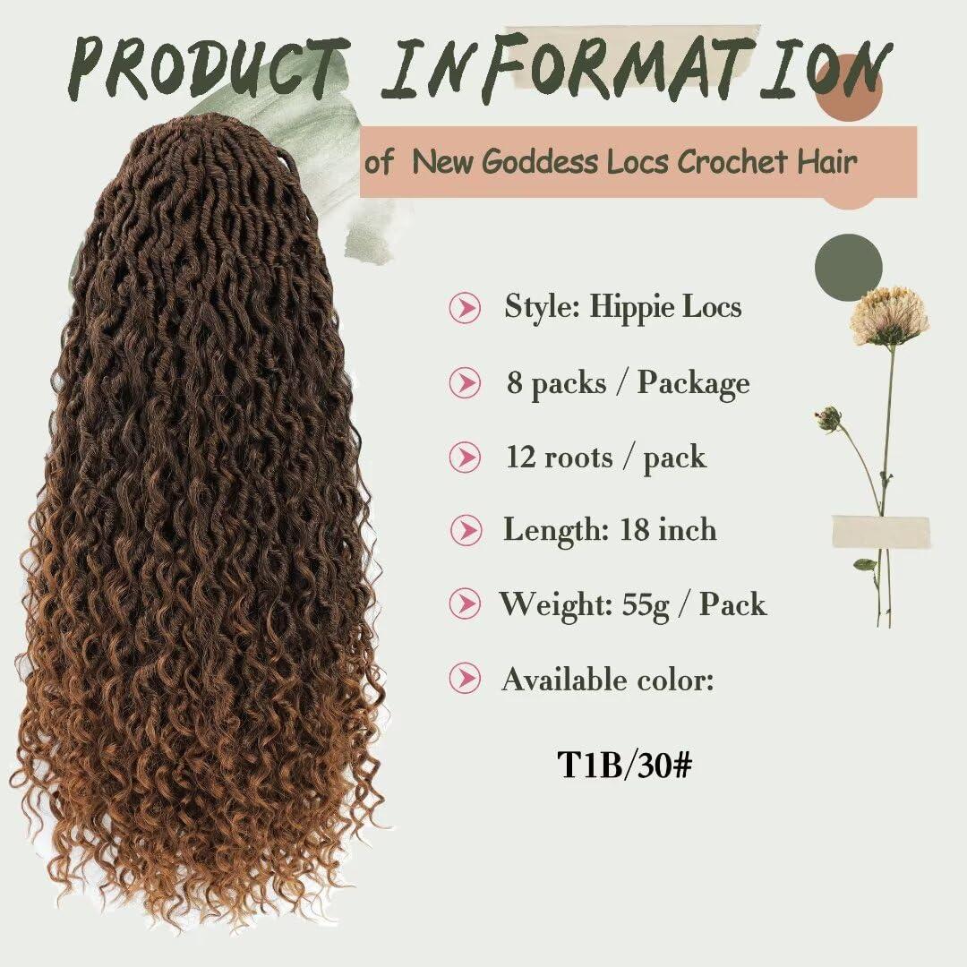 Alimiriam 8 Packs New Goddess Locs Crochet Hair 18 Inch Ombre Brown River Locs Crochet Hair with Curly Ends Pre-looped Curly Faux locs Braids Hair Boho Style Synthetic Hair Extensions (18\" 8Packs T1B/30#)
