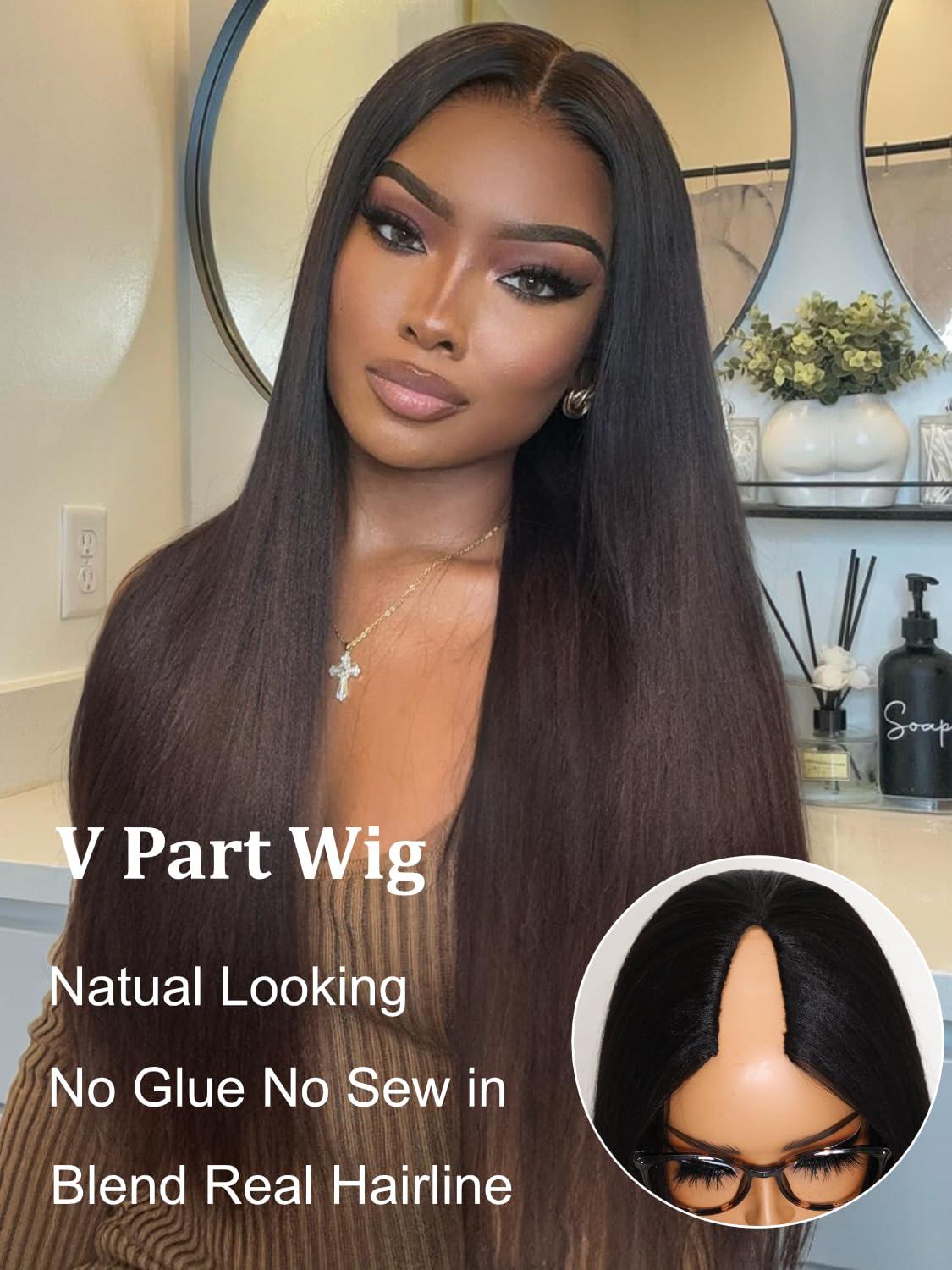 YIROO YIROO V Part Wig Human Hair No Leave Out Ombre Chestnut Brown Yaki Straight Glueless Human Hair Wig Upgrade U Part Wigs for Women V Shape Clip in Half Wig No Glue No Sew in Beginner Wig 18inch