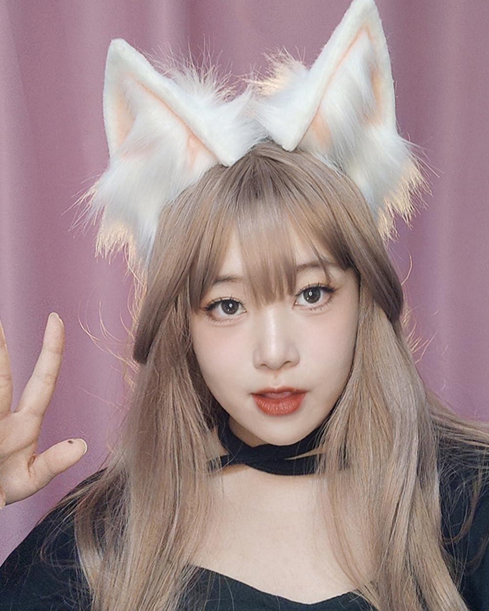 TEDPRBGE TEDPRBGE Plush Fox Cat Ear Headwear Animal Ears Headband Electric Moving Ear Headpiece Party Cosplay Costume Accessories (White Pink)