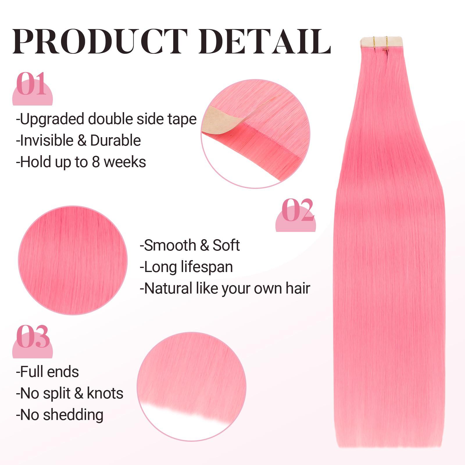 MAXITA MAXITA Tape in Hair Extensions Human Hair Light Pink Hair Extensions Tape ins, 10pcs 30g 20 Inch Colored Party Highlight Tape in Extensions Straight Soft Real Human Hair Extension