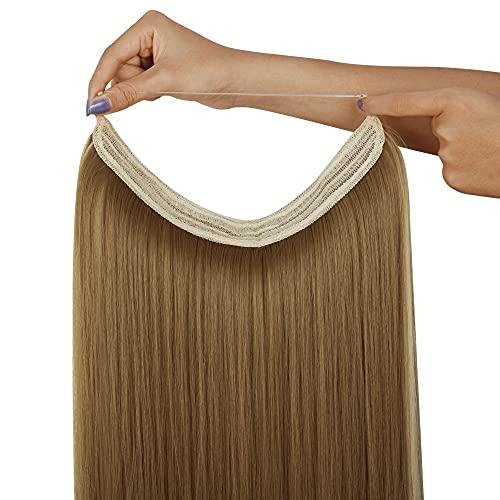 FUT_Forever Straight Hair Extensions Ginger Brown Mix Bleach Blonde Highlight 22 Inch 4.2 Oz Long Synthetic Hairpieces Invisible Wire Headband for Women Heat Resistant Fiber No Clip