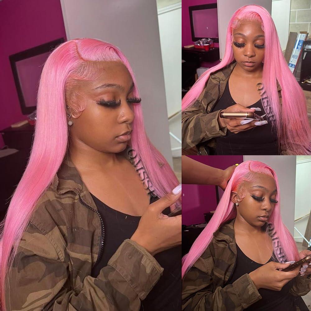 QMSSR QMSSR 13x6 Pink Synthetic Lace Front Wigs Pre Plucked Long Straight Hair Pastel Pink Lace Front Wigs for Fashion Women Heat Resistant Soft Hair Natural Hairline