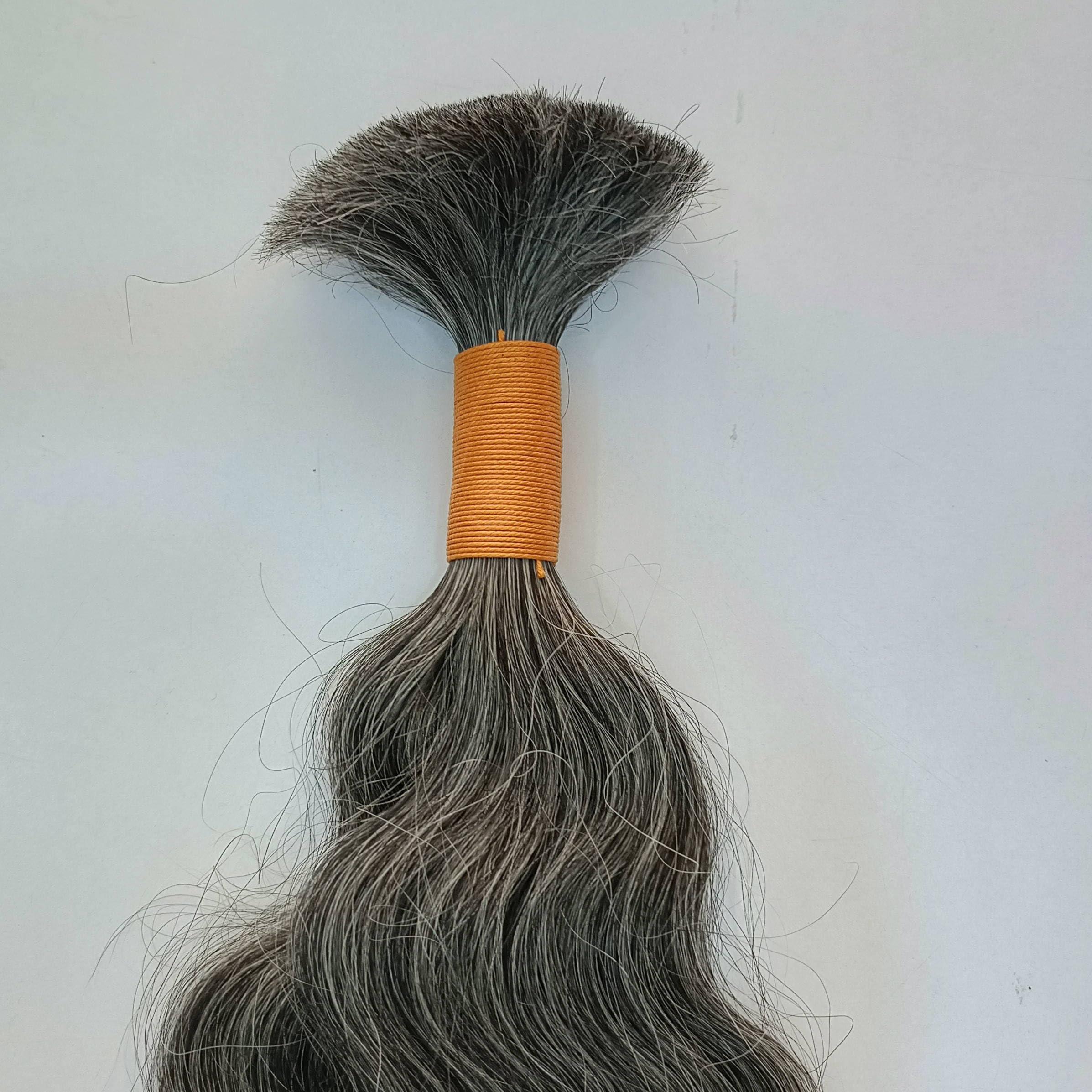 Hat Hair Extensions 100% Natural Raw Unprocessed Hair Extensions (Grey), Indian Grey Braiding Wavy Human Grey Hair Extensions salt and pepper. non-sewn bulk/braid grey salt and pepper human hair. (14 Inches)