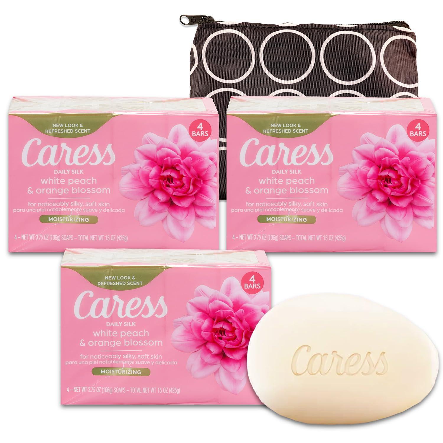World\'s Finest Caress Soap Pack - Caress Bar Soap 12 Pack Bundle Daily Silk 3.75 Oz Caress Body Soap Bars Pack, White Peach Orange Blossom with Bonus Travel Bag | Caress Body Wash