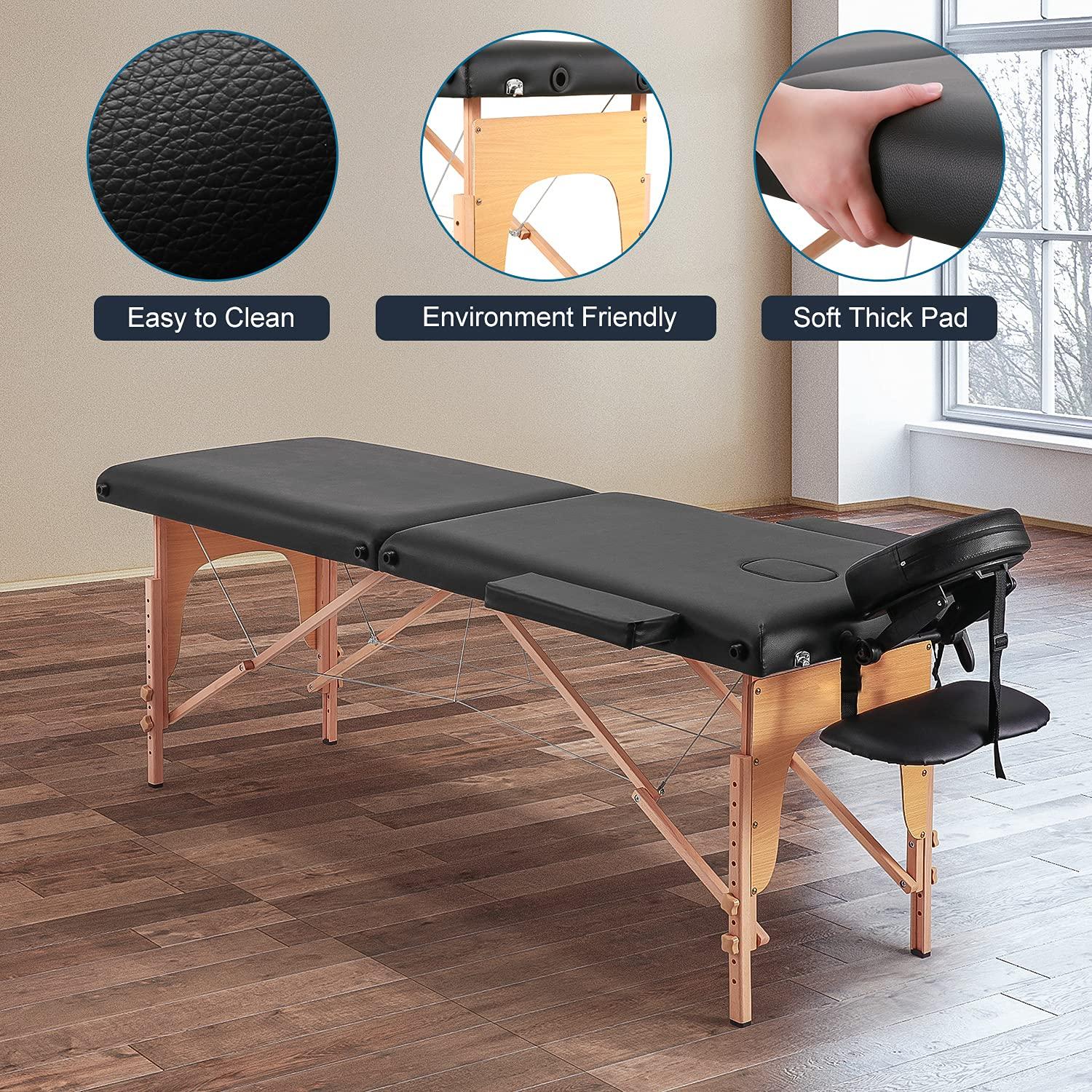 N \\ A Massage Table Portable Massage Bed with Carrying Bag Spa Bed Salon Bed Facial Bed Treatment Table Lash Bed Height Adjustable with Head-& Armrest 2 Fold Black
