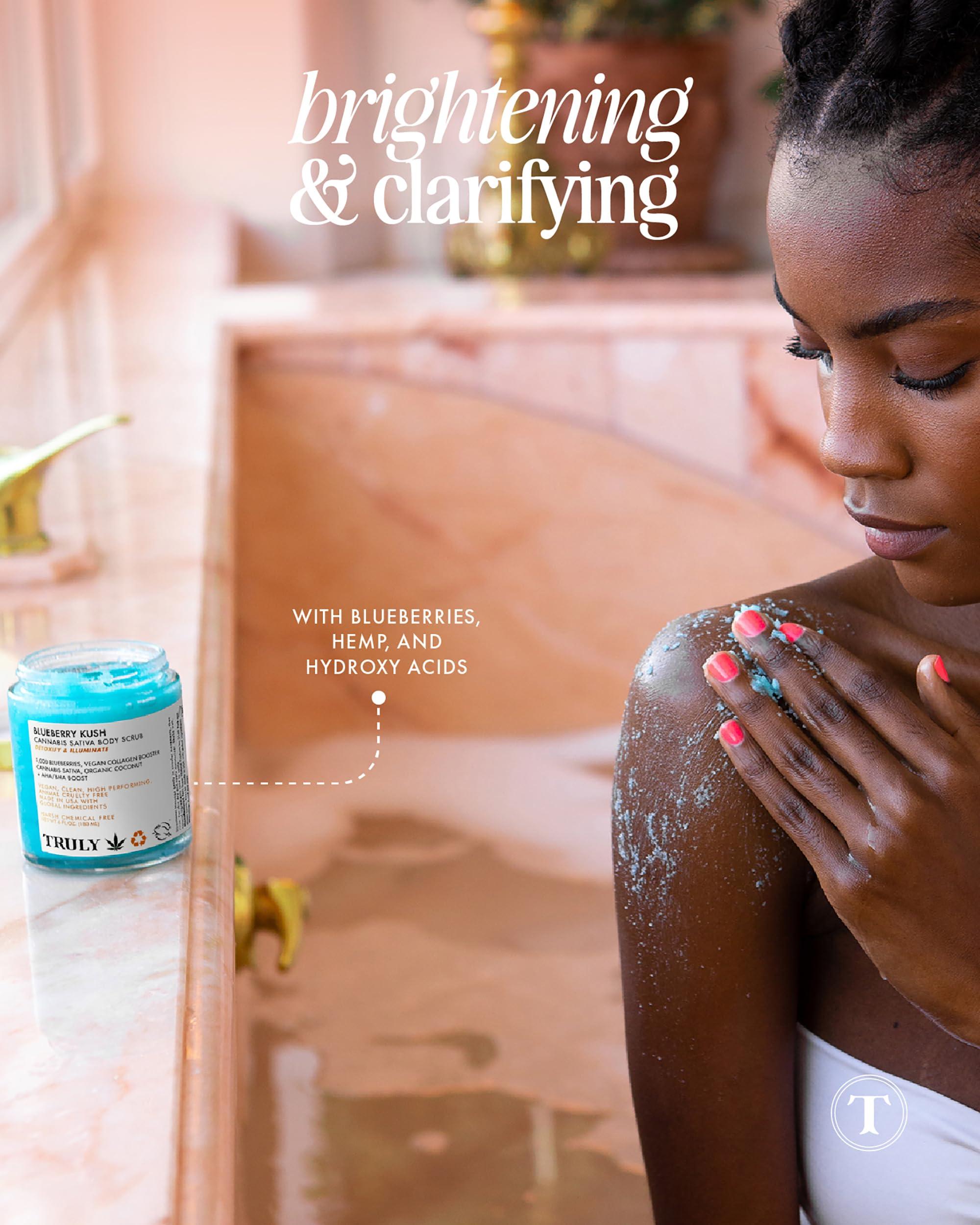 Truly Truly Beauty Blueberry Kush Body Scrub with Hydroxy Acids and Vegan Collagen - Detoxifying Sugar Scrub for Women - Exfoliating Body Scrub for Flawless and Luminous Skin - 6 oz