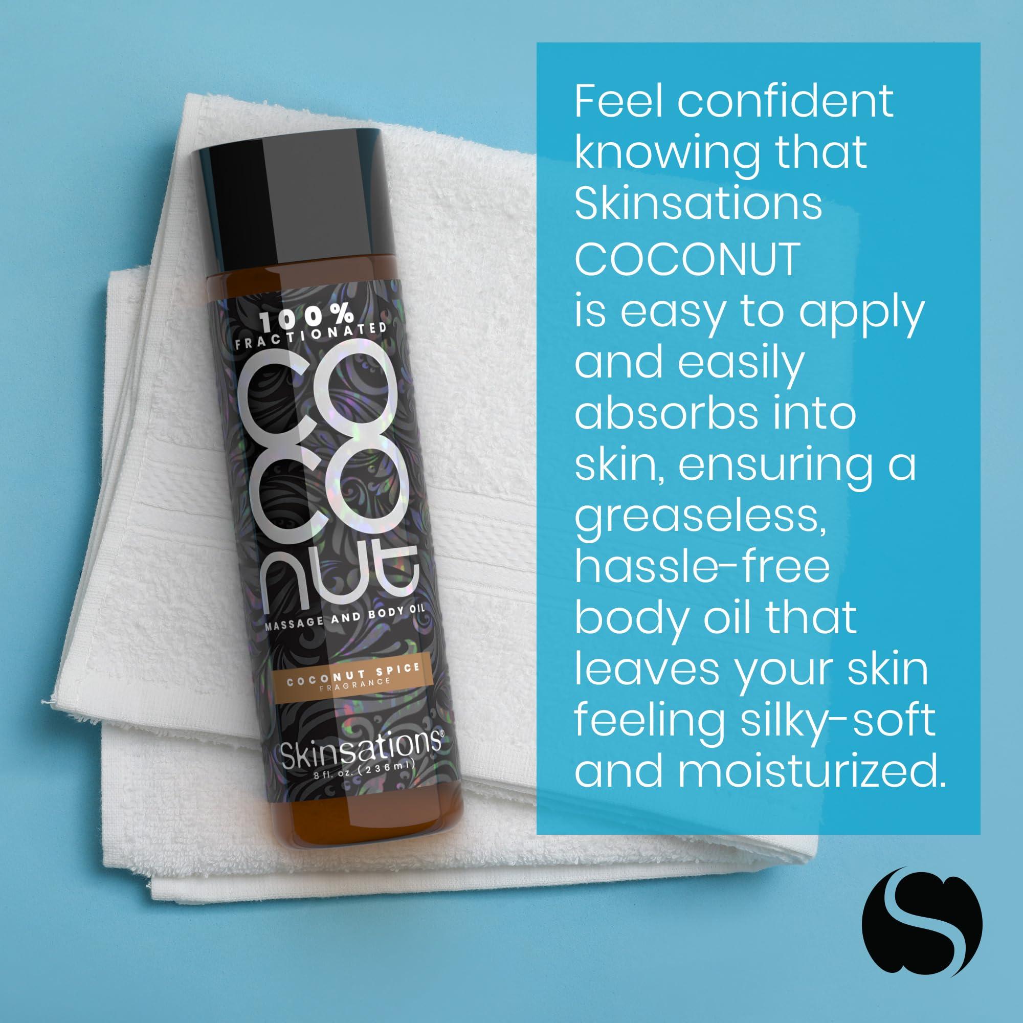 Skinsations Skinsations - Scented Body Oil - Coconut Spice - 100% Fractionated COCONUT Oil - Fragrance Oil for Skin, After Shower Body Oil for Women and Men, Body Moisturizer, Bath Oil, Hydrating Massage Oil