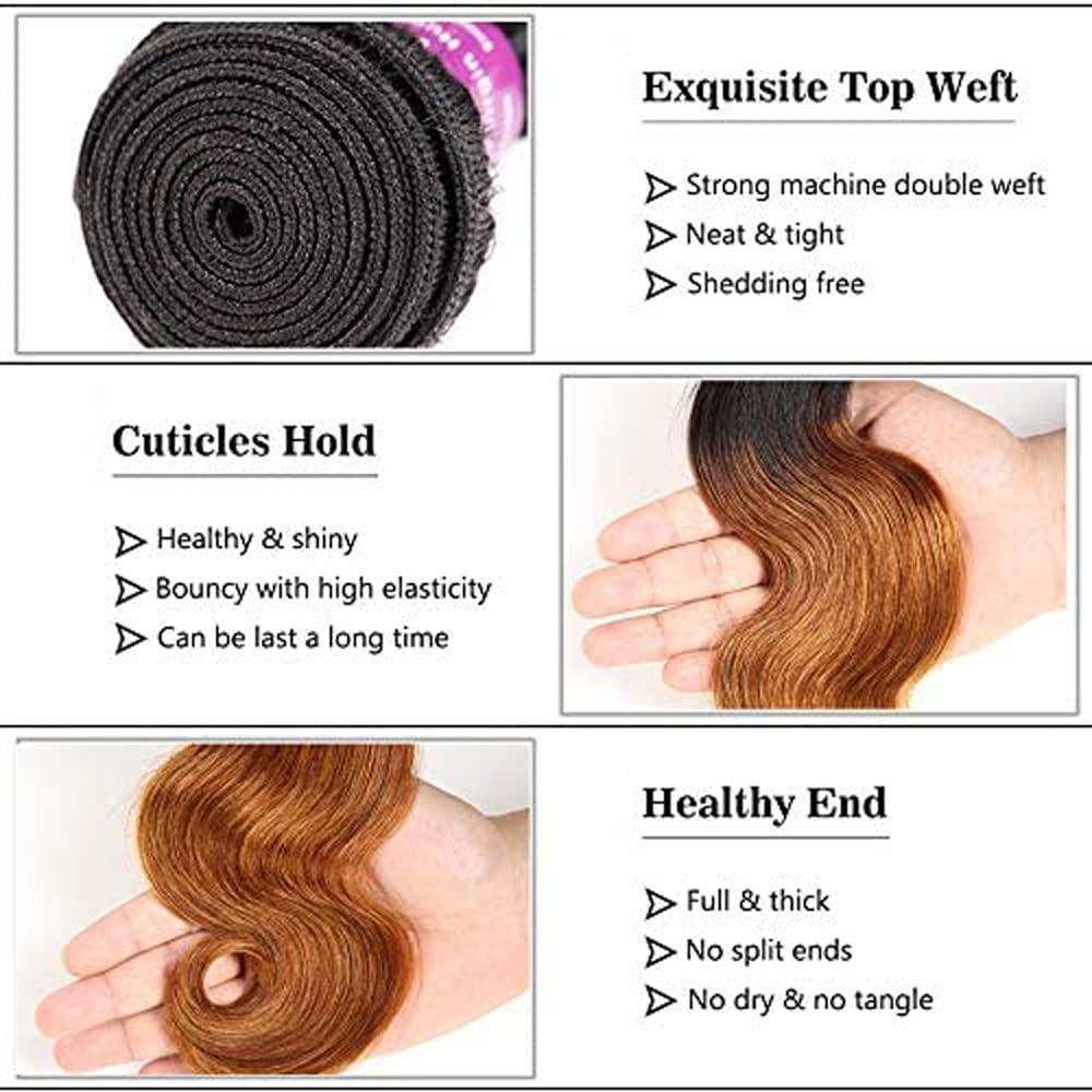 ZevPiul Ombre Body Wave Bundle 1b/30 Human Hair Bundles 8A Brazilian Virgin Brown Human Hair 3 Bundles 18 20 22 Inch Two Tone Dark Roots to Brown Bundles Human Hair Extensions