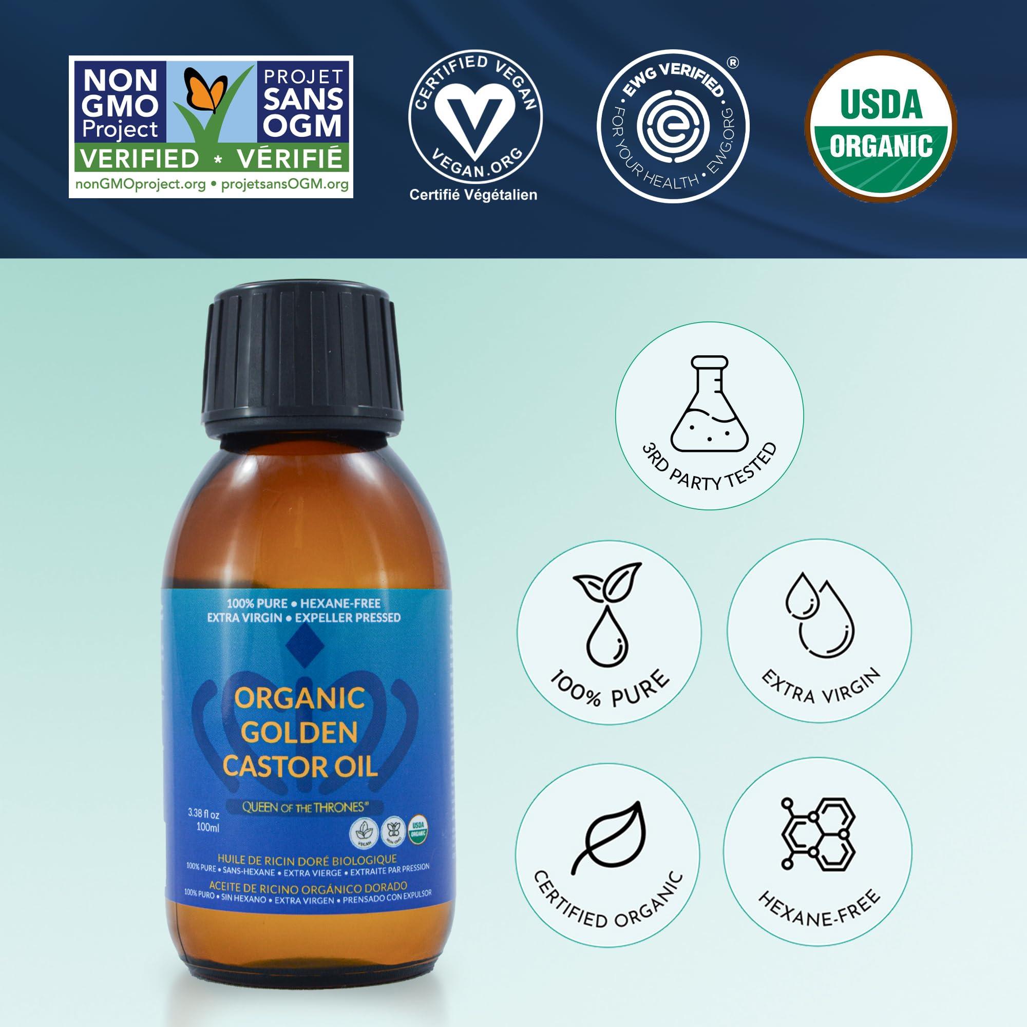 QUEEN OF THE THRONES QUEEN OF THE THRONES Organic Golden Castor Oil | 100% Pure for Hair, Skin, Nails, Brows & Lashes | Hexane-Free | USDA Certified [3.38oz (100ml)]