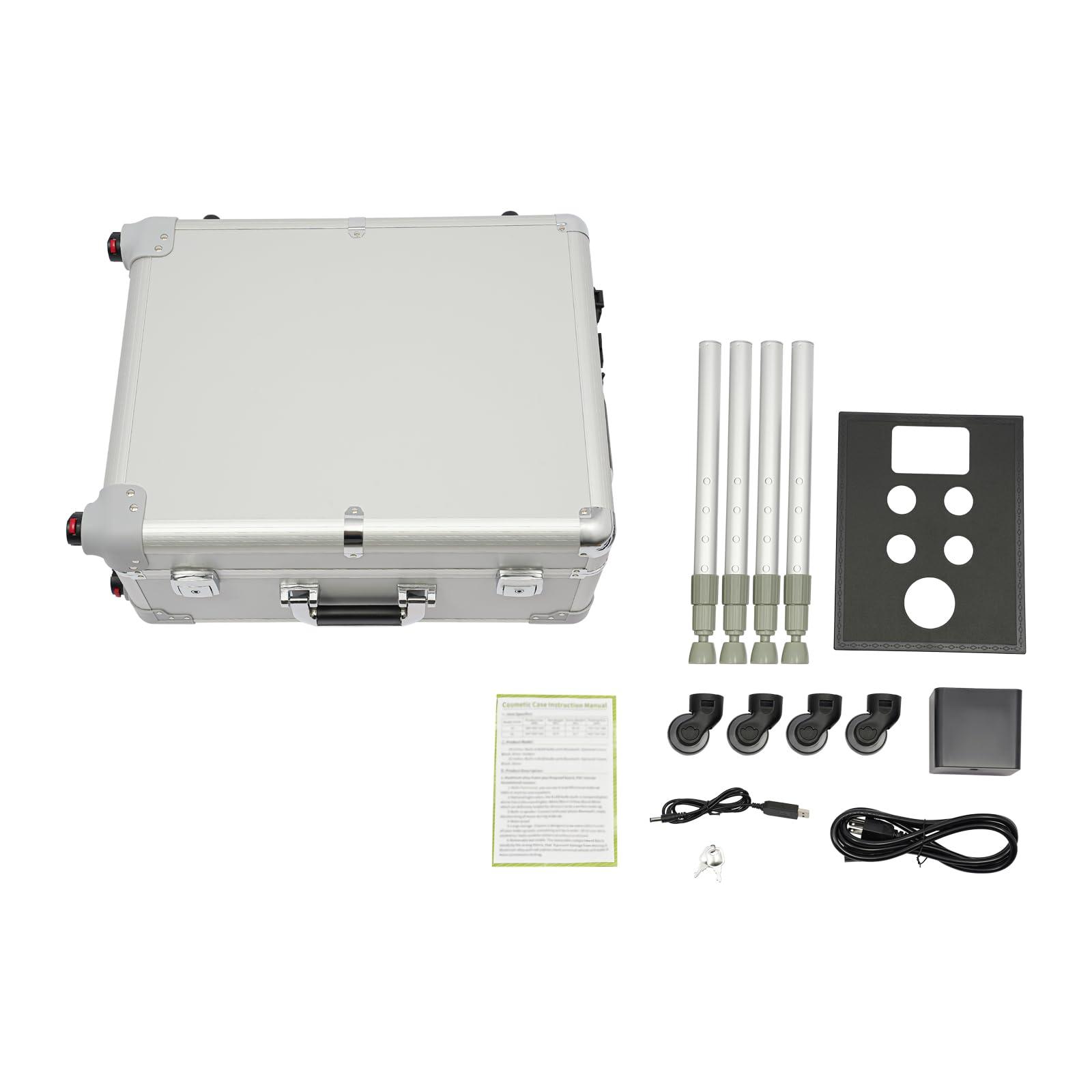 YIYIBYUS YIYIBYUS Aluminum Trolley Makeup Train Case with LED Light 21'' Rolling Cosmetic Organizer Make up Artist Free Standing Box with Stand Mirror Makeup Vanity Station (Silver)