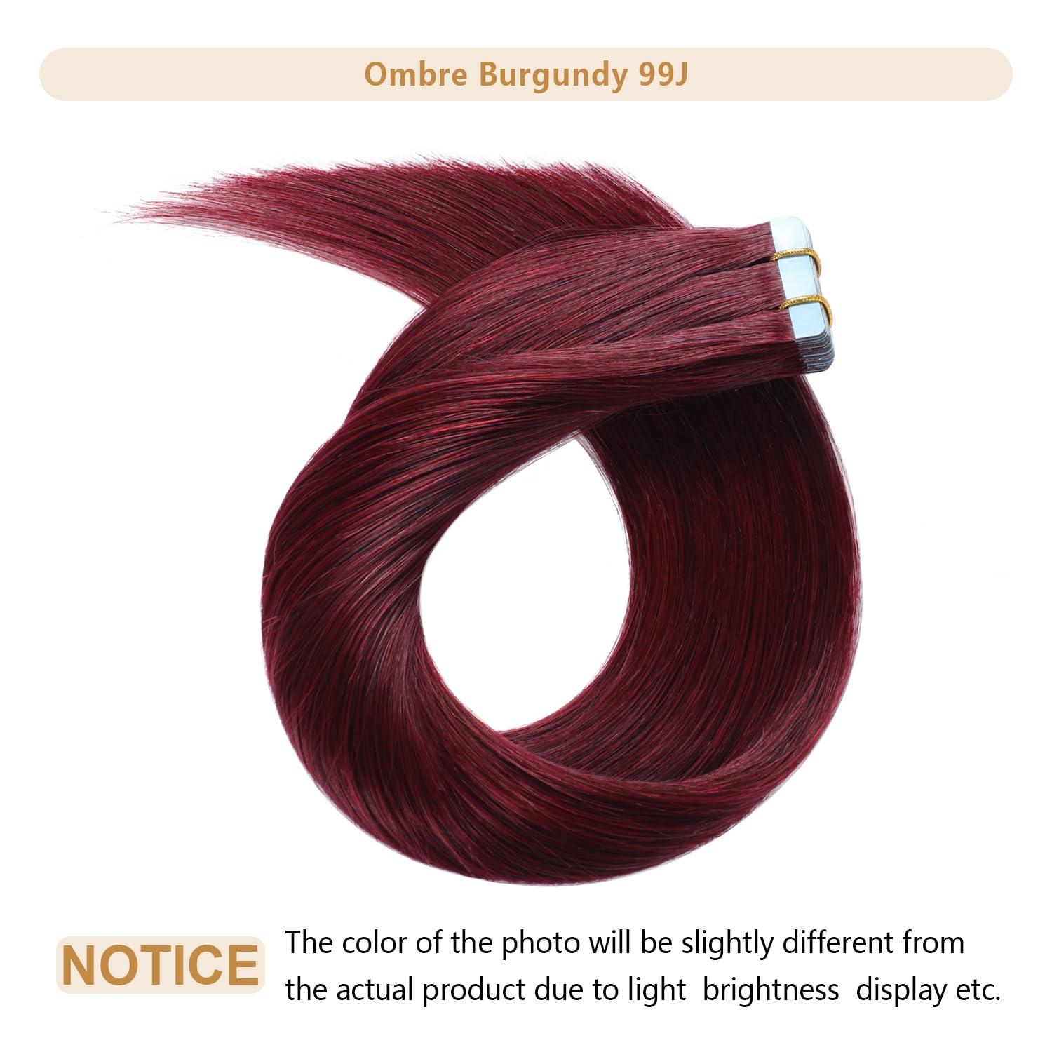 YILITE YILITE Burgundy Tape in Hair Extensions Human Hair,24inch 50g 20Pcs Red Tape in Hair Extensions Remy Human Hair,Seamless Skin Weft 99J Tape ins(24inch 99J)