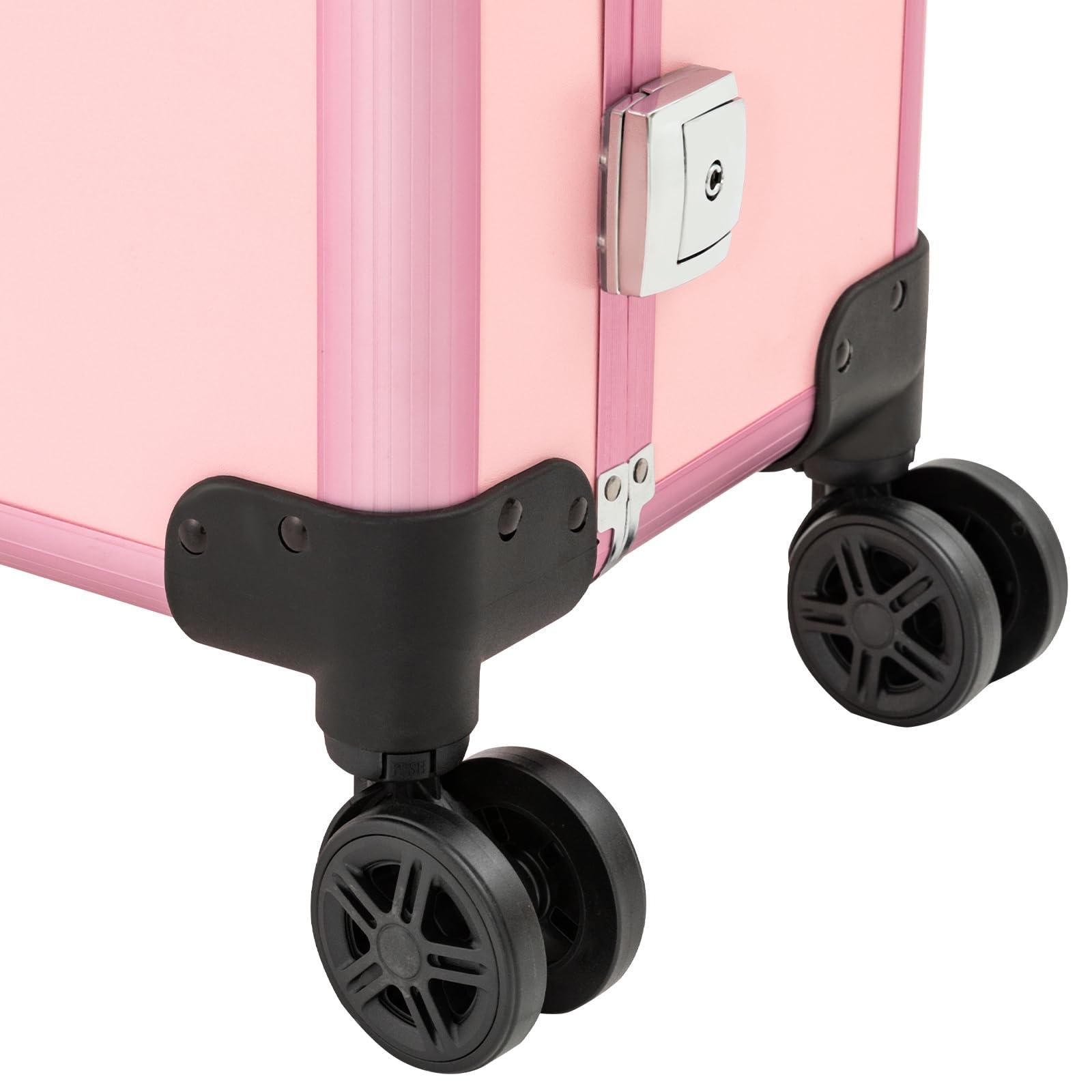 LEYSRIS Rolling Makeup Case Cosmetic Case with 8 LED Light, 3-Tier 110.23 lbs Adjustable Height Pink Trolley Makeup Train Case 12v Professional Makeup Case for Nail Tech Hairstylist Barber