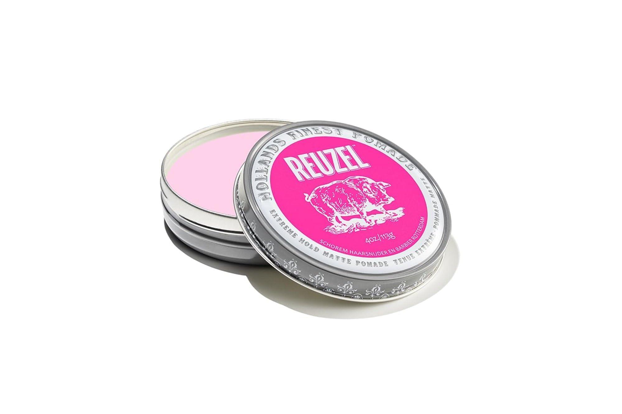 Reuzel REUZEL Pink Extreme Hold Matte Pomade, Strongest All Day Hold, Water Soluble Styling, No Shine & Flake Free, Easy To Wash Out, For All Hairstyles, 4 oz
