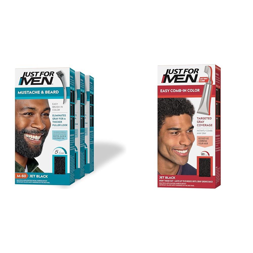 Just for Men Just For Men Mustache & Beard, Beard Dye with Brush Included - Jet Black, M-60, Pack of 3 & Easy Comb-In Color Mens Hair Dye, Easy No Mix Application with Comb Applicator