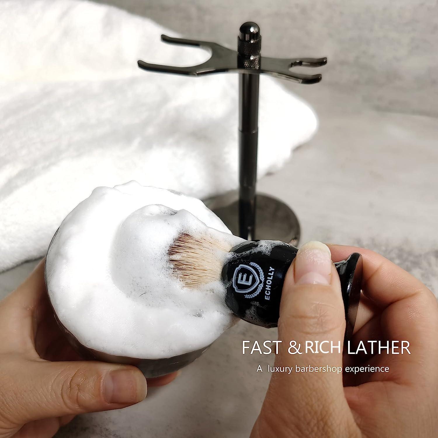 ECHOLLY 3 in1 Premium Shaving Brush Kit for Men Includes Vegan Badger Synthetic Hair Shaving Brush,Stainless Steel Shaving Soap Bowl,Heavy Safety Stand for Mens Gift (Deluxe Black)