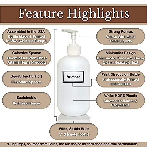 Artanis Home Artanis Home Silkscreened Empty Shower Bottle Set for Shampoo, Conditioner, and Body Wash, Squat 16 oz 3-Pack, White