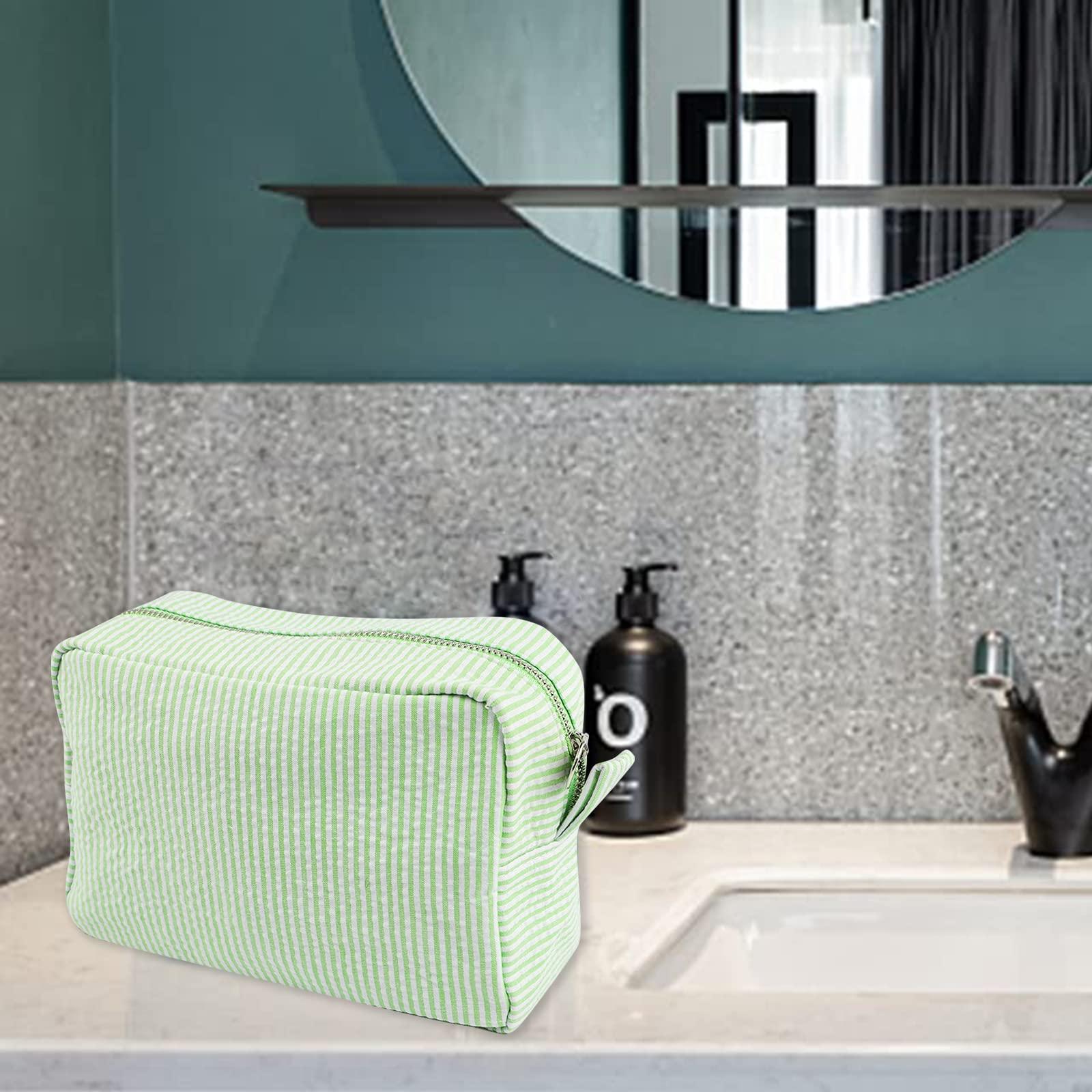 GFU Seersucker Cosmetic Bag, Large Makeup Pouch Travel Toiletry Case with Zipper Closure Seersucker Cosmetic Organizer for Women Girls, Baby Diaper Bag Organizer