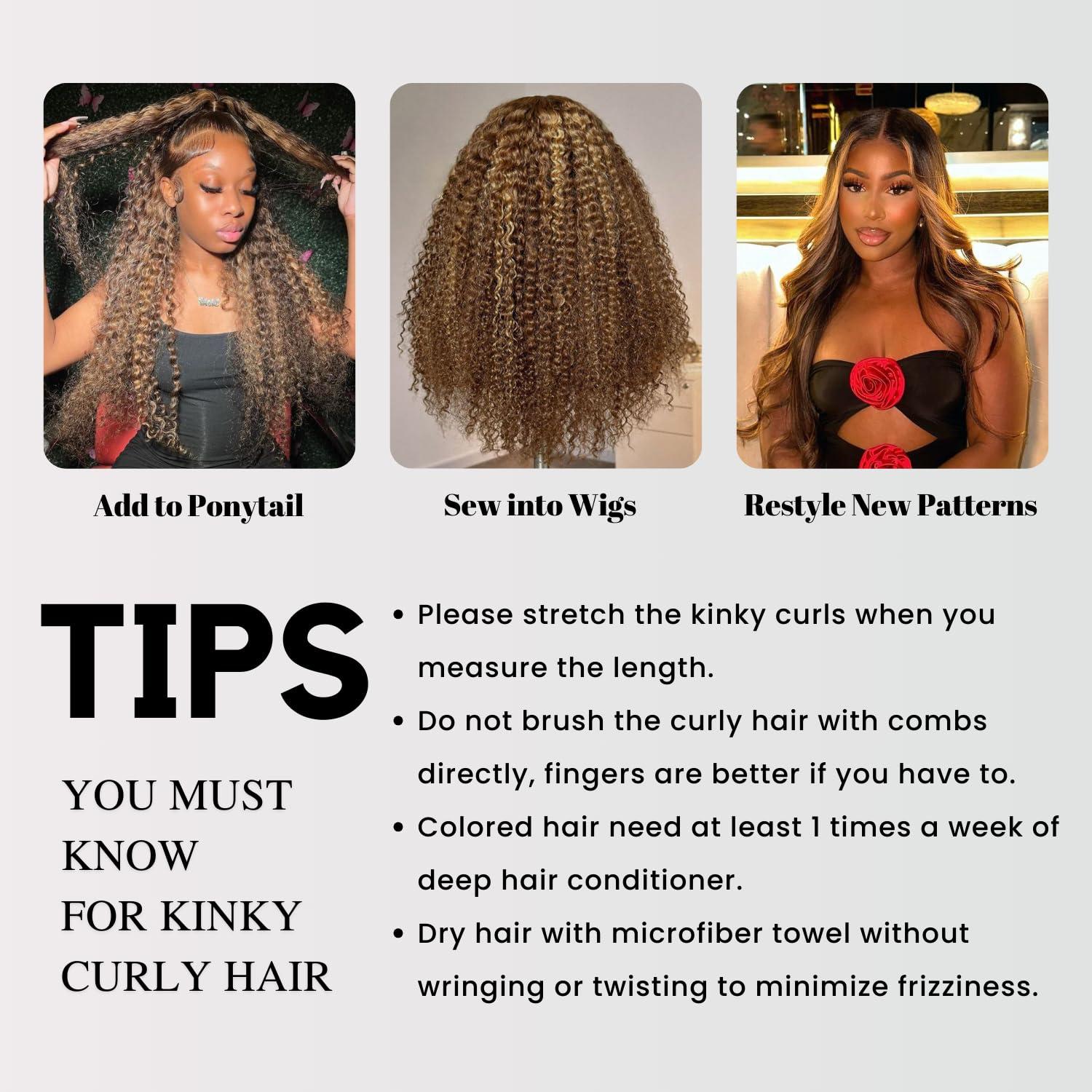 AUROO AUROO Honey Blonde Highlight Tight Kinky Curly Human Hair Single Bundles, 10A Burmese Curly Weave Bundles Human Hair 100% Virgin Remy Bundle Ombre #P4/27 Colored Kinky Curly Thick Tracks Sew in 16 In