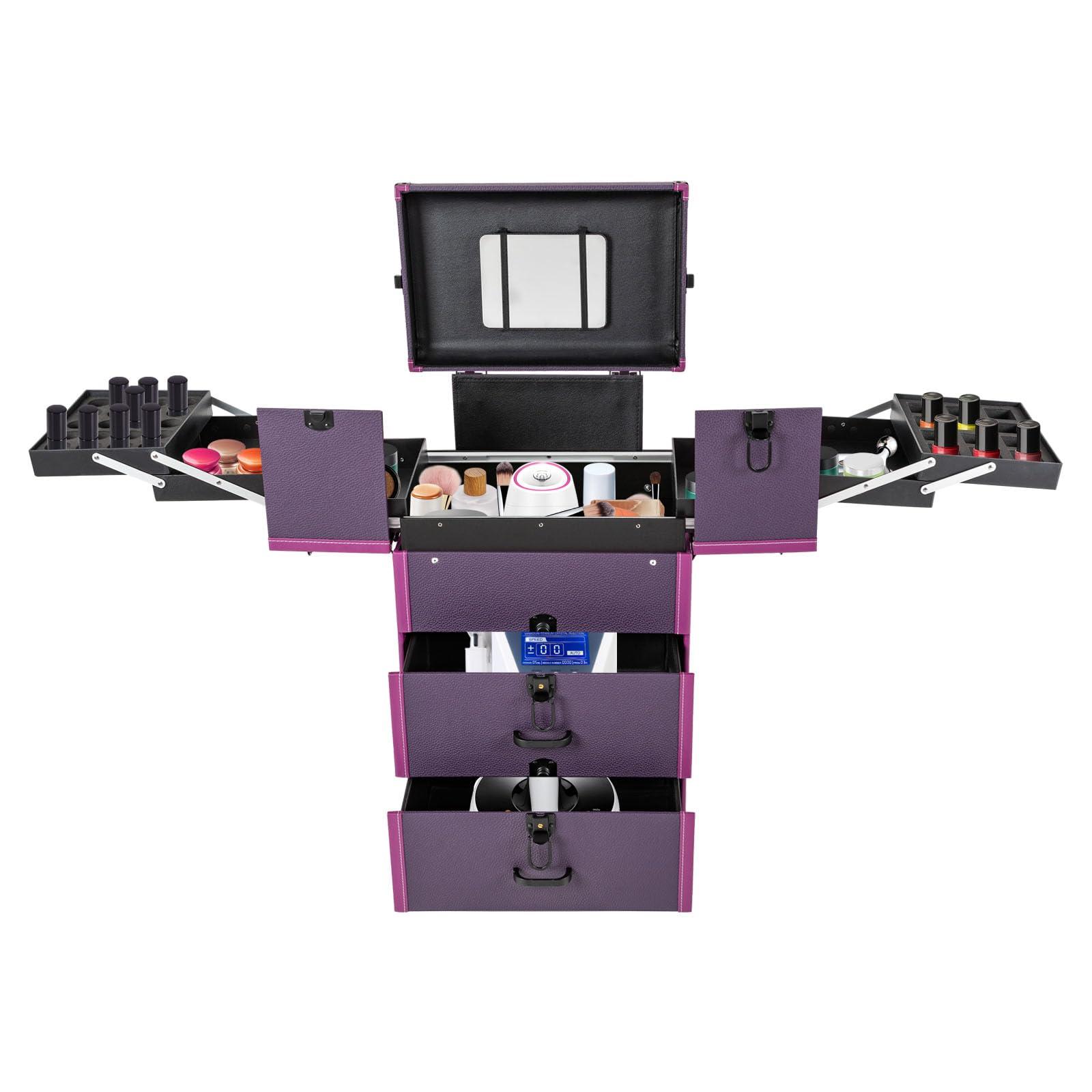 CapBoator 3 in 1 Professional Makeup Trolley Cart, Large Storage Rolling Makeup Case 4 Tray 2 Drawer, Lockable Cosmetic Train Case with Wheels, Salon Barber Case Traveling Cart for Hairstylist, Black (Purple)