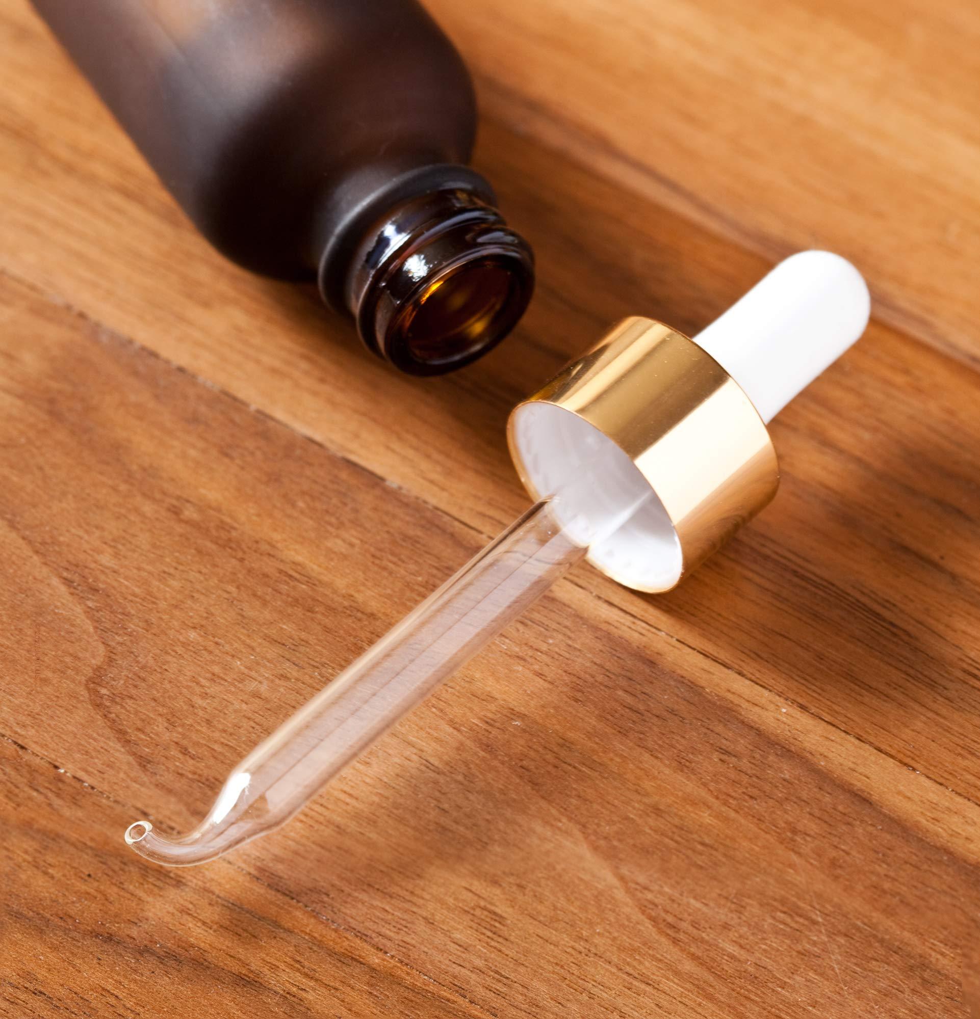 JUVITUS JUVITUS 1 oz / 30 ml Frosted Amber Glass Boston Round Bottle with Gold Metal and Glass Dropper (6 pack) + Funnel