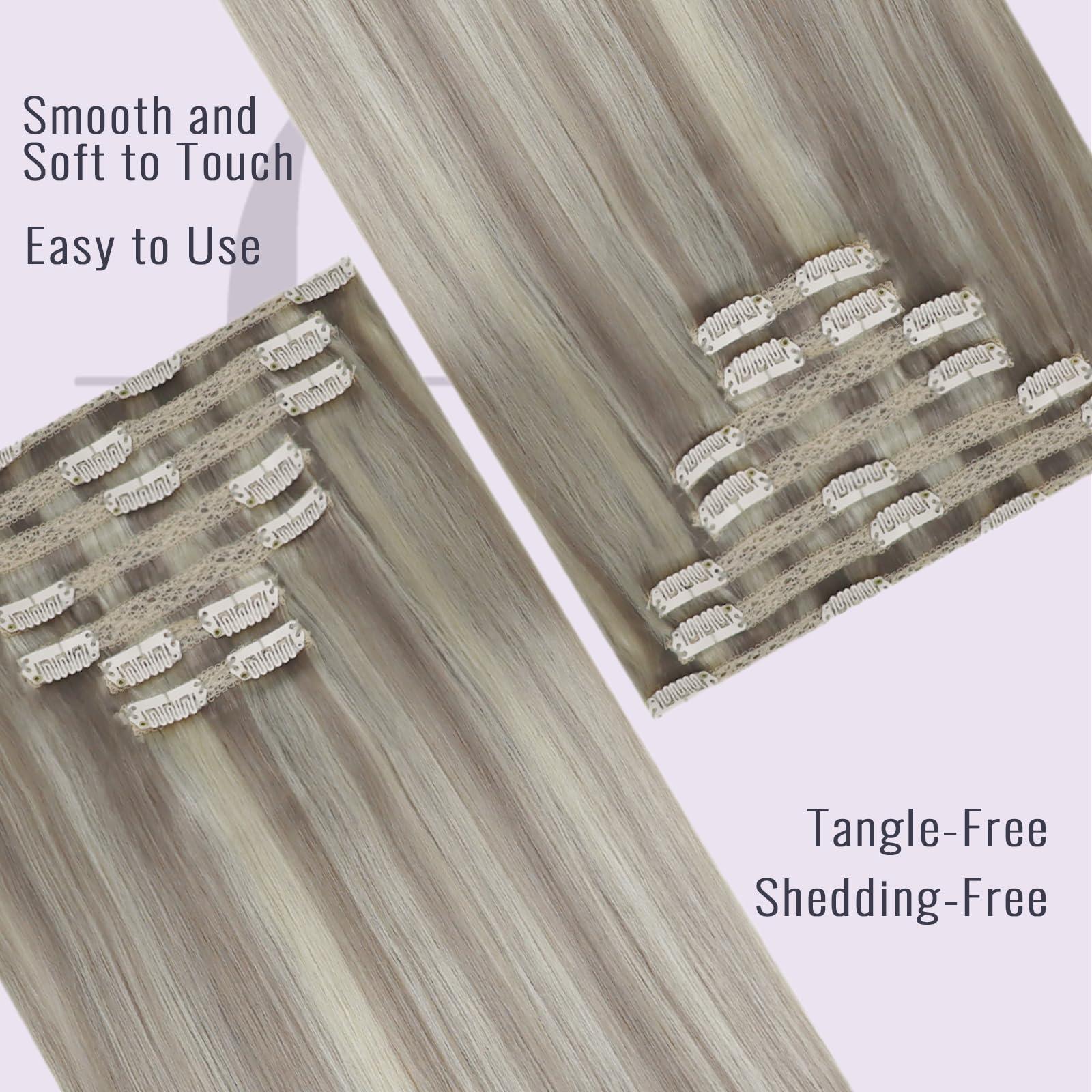 Fshine Fshine Dirty Blonde Clip in Extensions Human Hair 22 Inch 120g Lace Clip in Remy Hair Extensions Dirty Highlighted with Platinum Blonde Hair Extensions Hair Clip in Blonde Remy Hair 7pcs