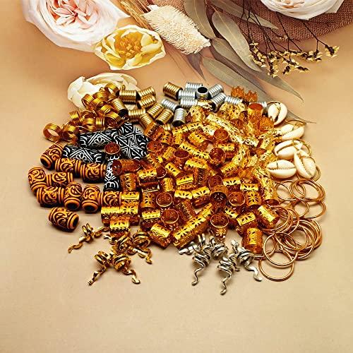 Glamer 150 Pieces Dreadlocks Loc Hair Jewelry for Women Braids Hair, Wood-Like Tube & Beads for Braiding Hair, Gold Hair Rings for Braids, Cute Hair Accessories Metal Snake