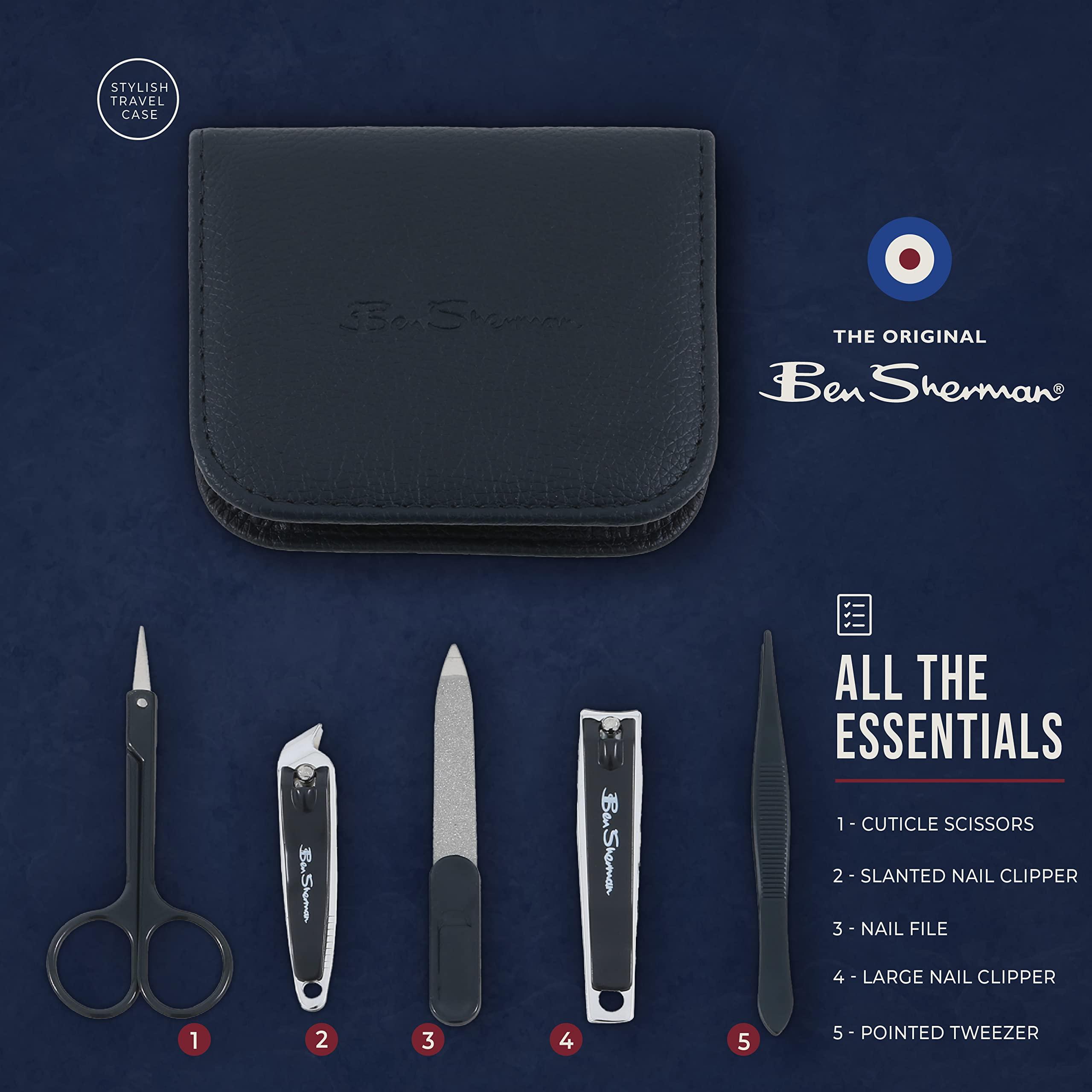 Ben Sherman Ben Sherman Nail Clippers for Men Travel Size Nail Clipper Set, 5 Pcs Mens Nail Grooming Kit Includes Nail Clippers, Scissors, Tweezers and Leather Traveling Case