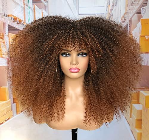 MURAMURA HAIR MURAMURA HAIR 18Inch Long Curly Wig With Bangs for Black Women Afro Bomb Kinky Curly Wig Fluffy and Soft Synthetic HairBlack to Brown