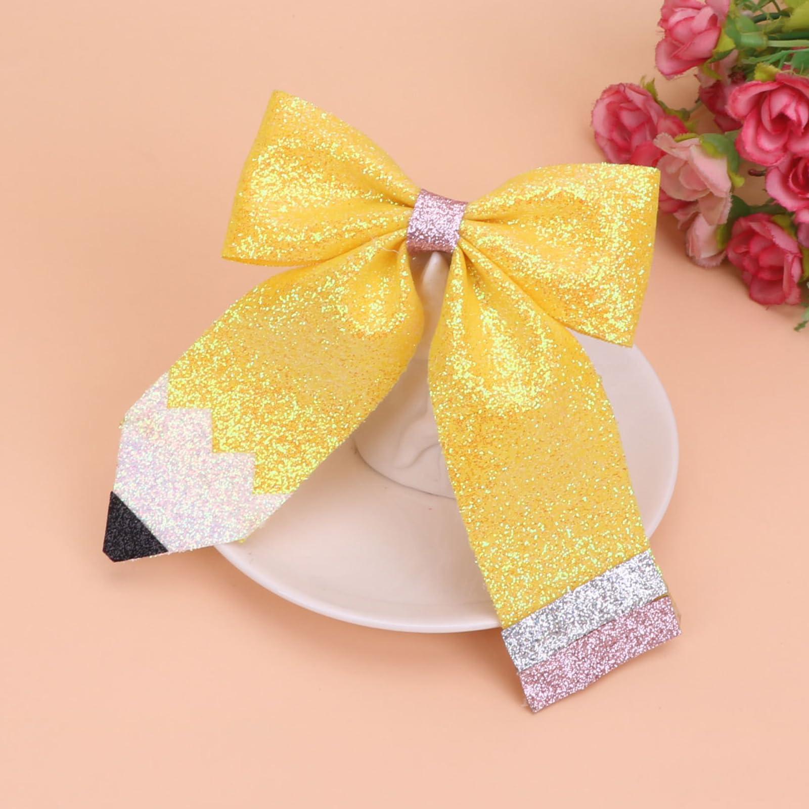 HOXIEYA Yellow Pencil Bows Hair Clip Back to School Hair Bows Clips Cheer Hair Accessories for Women Toddler Teen Girls Teachers Students Hair Clip Party Outfit Decoration(B-Medium -1pcs)