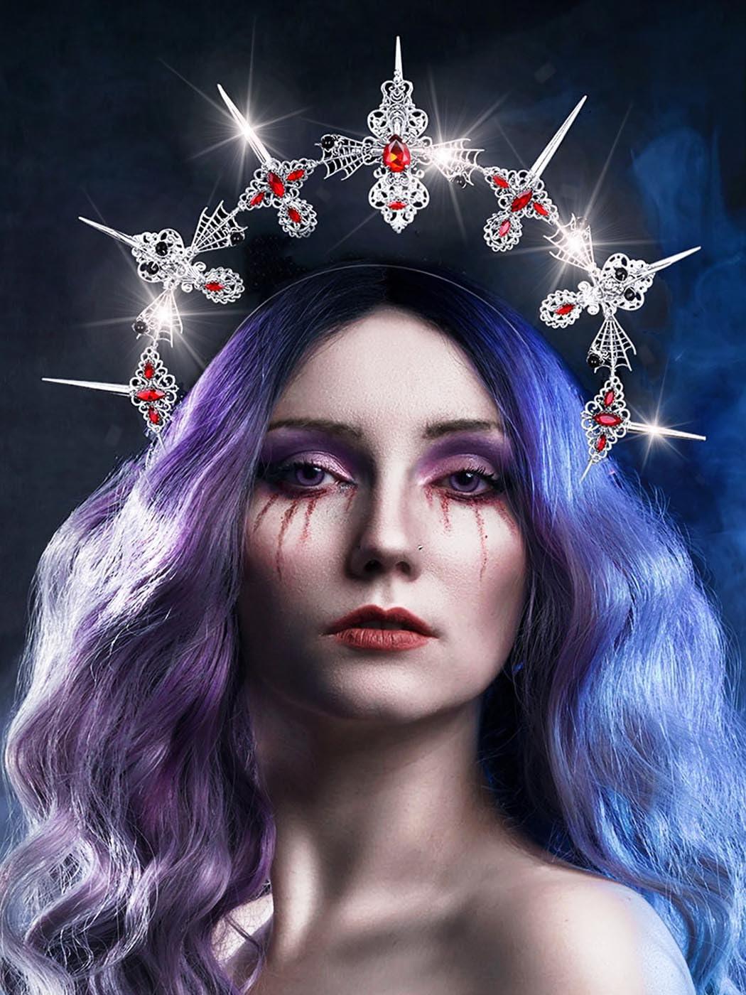 Formery Formery Spiked Halo Crown Silver Rhinestones Spider Halo Headpiece Halloween Festival Photo-shoot Crow Cross Halo Headband for Women and Girls