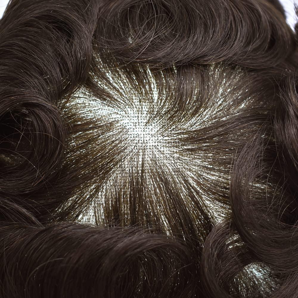 N\\P NP Toupee For Men Human Hair Replacement System For Men Toupee Grey Hair French Lace Hair Piece For Men Black Blonde Men Hairpiece For Thinning Hair 8\'\' x 10\'\' #3 Dark Brown 90% Density