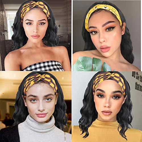 Oseti Oseti Short Curly Headband Wigs for Black Women Black Wavy Wigs with Headbands Attached Body Wave Wig Head Wrap Wigs with Ice Silk Turban Synthetic Headband Wigs for Women Short Loose Bob Wig 14Inch