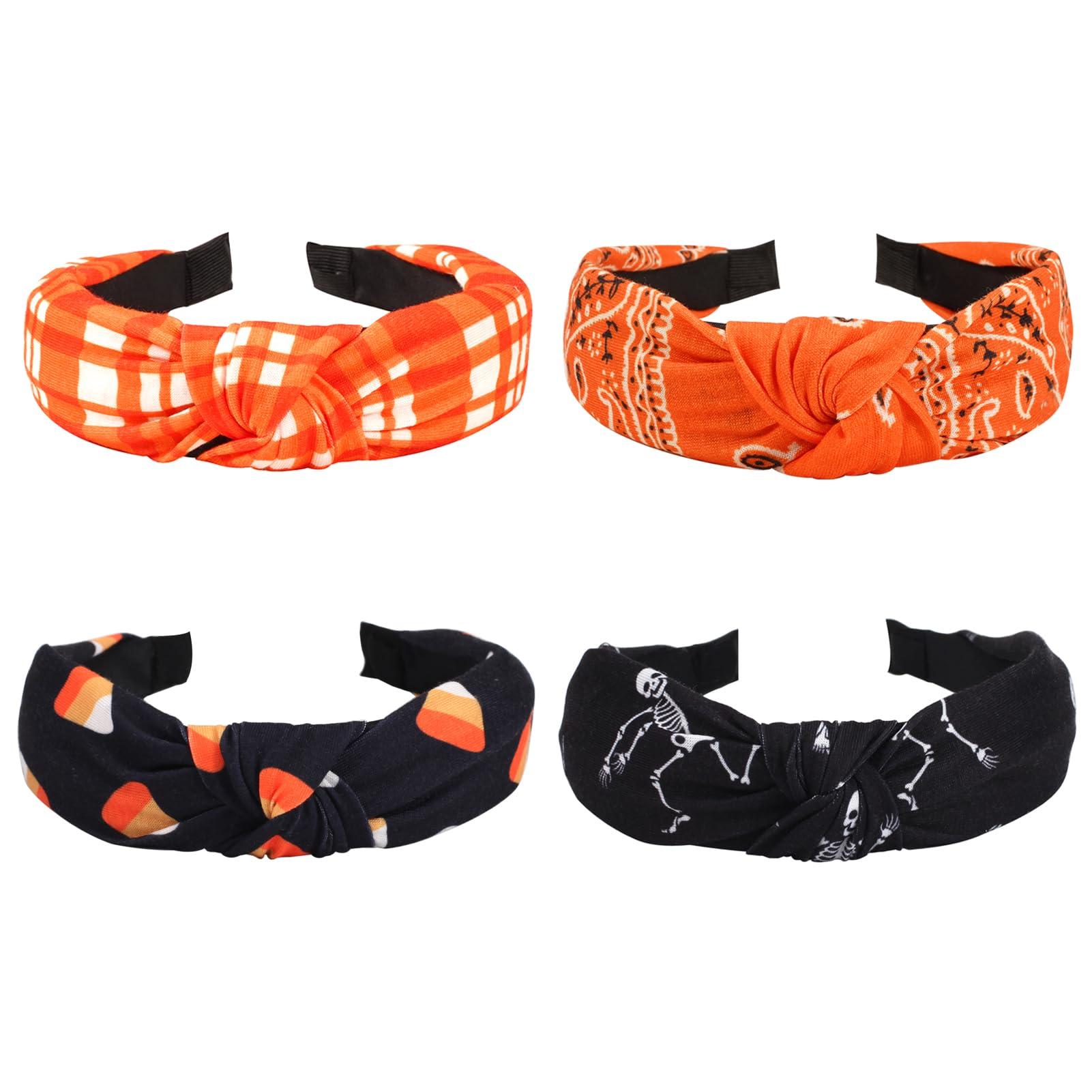 Bookay Halloween Headbands for Women Girls Skeleton Skull Candy Wide Knot Heabdand Fall Orange Bandana Plaid Hairbands Hair Accessories Halloween Party Outfit Gifts