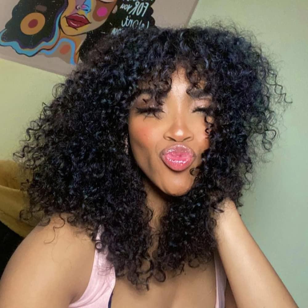 Young beauty Young beauty Curly Human Hair Wig With Bangs 100% Brazilian Human Hair Curly Wigs O Scalp Top Full Machine Made Wig for Black Women Loose Curly Wigs 180Density 20inch Natural Color