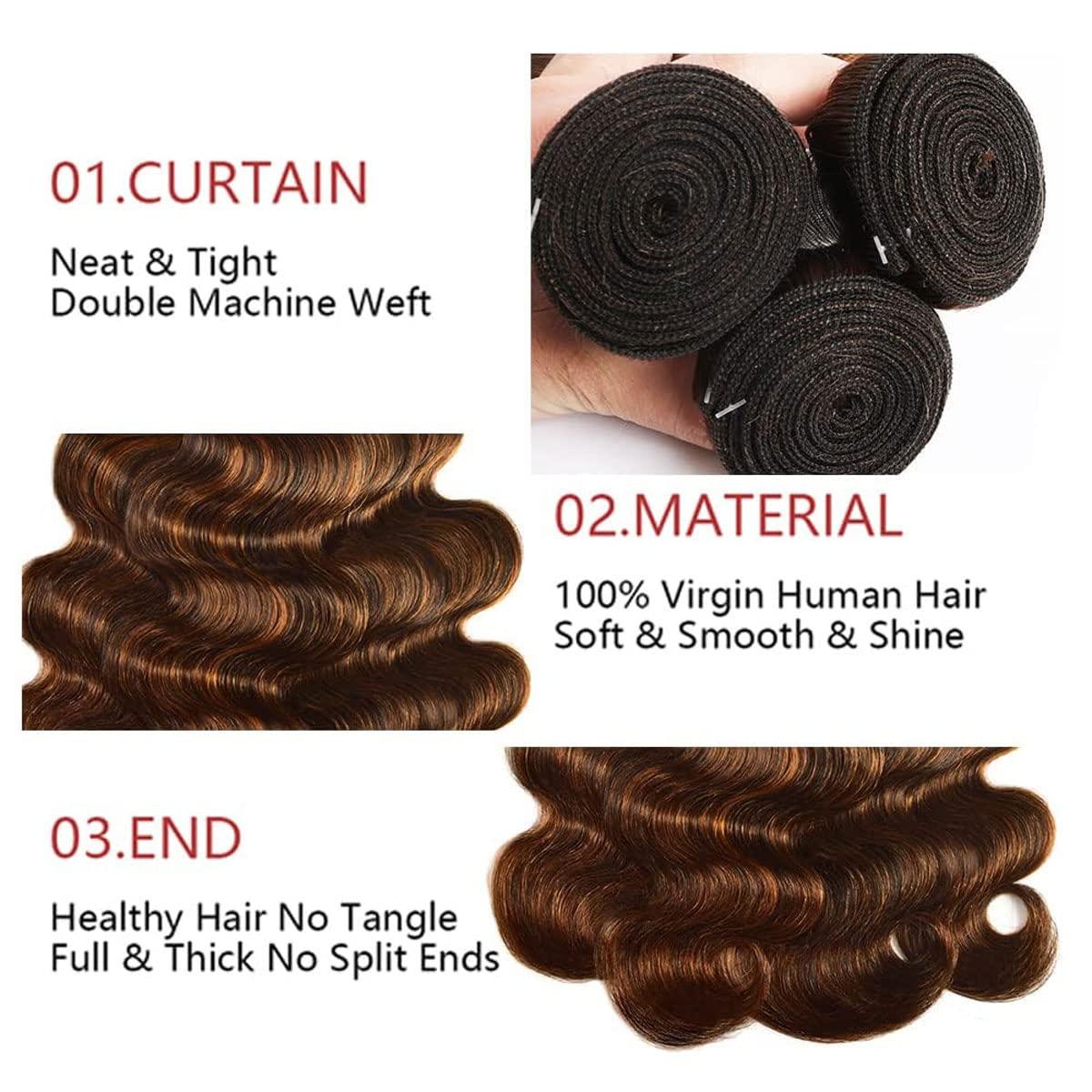 GzorOuzr P4/30 Body Highlight Bundle Wave Human Hair 1 Bundles Brazilian Remy Hair Weaves For Women Brown Bundle Hair Bundles 20 Inch