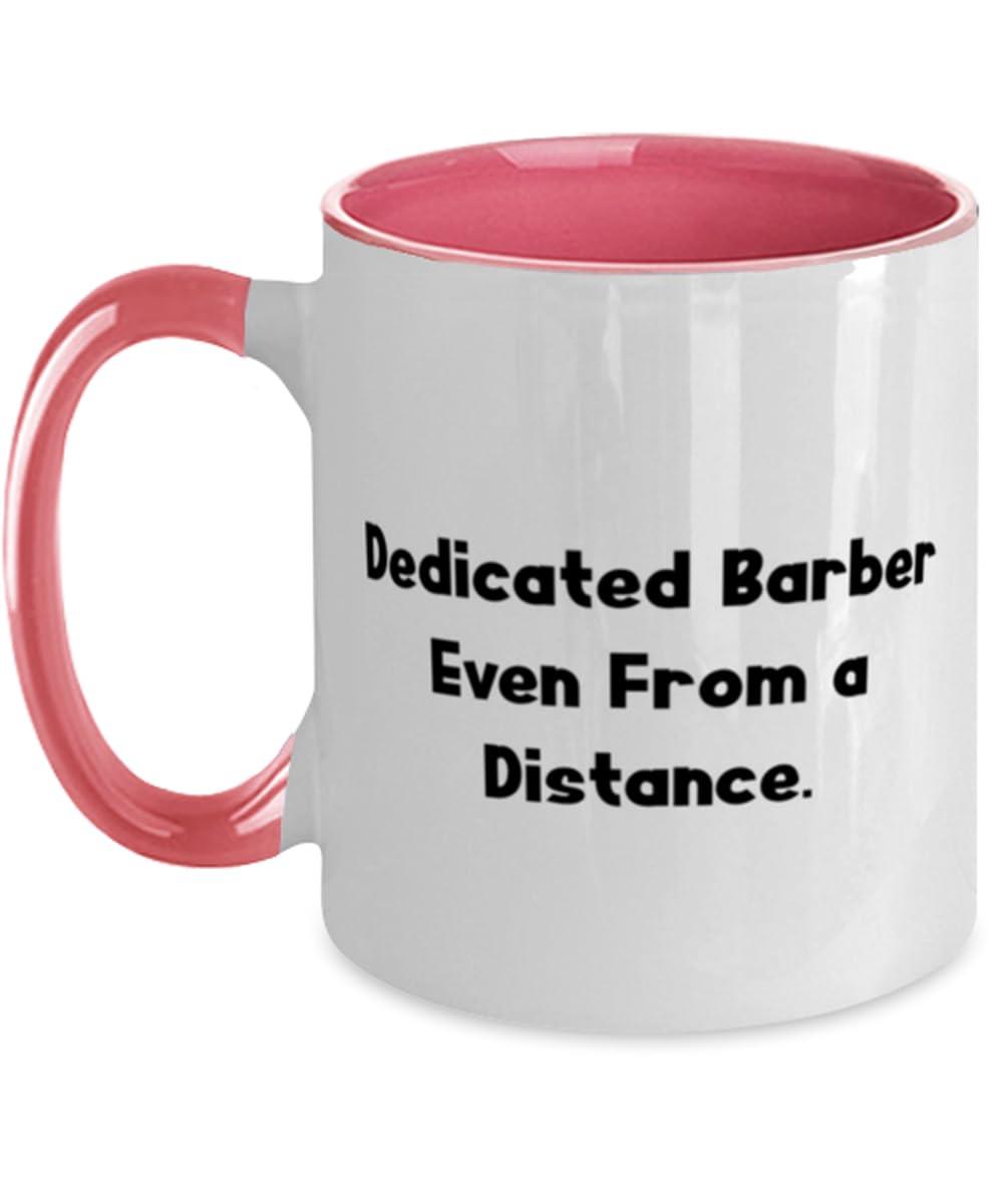 Gearbubble Gag Barber Gifts, Dedicated Barber Even From a Distance, Barber Two Tone 11oz Mug From Boss, Cup For Friends, Barber scissors, Barber clippers, Barber cape, Barber apron, Barber pole, Barbershop