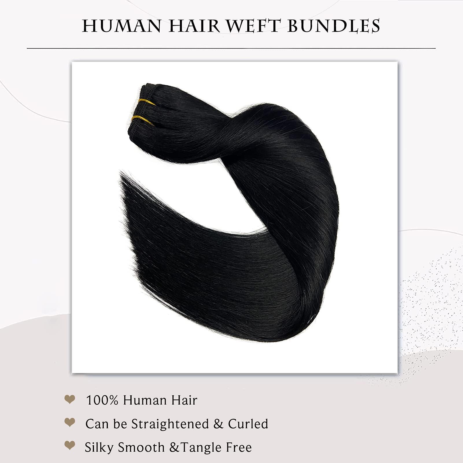 Ubetta Sew in Hair Extensions Real Human Hair, 20 Inch 100G Hand Tied Weft Hair Extensions Human Hair Jet Black Hair Extensions Real Human Hair Weave Bundles Sew in Weft Extensions for Women