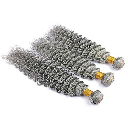 General Cloud Hair Pure Grey Deep Wave Brazilian Hair Bundles with Frontal Silver Grey Deep Wavy Human Hair Wefts 3 Bundles with Full Lace Closure 13x4 Gray Colored Hair Weaves (12 14 16 with 10)