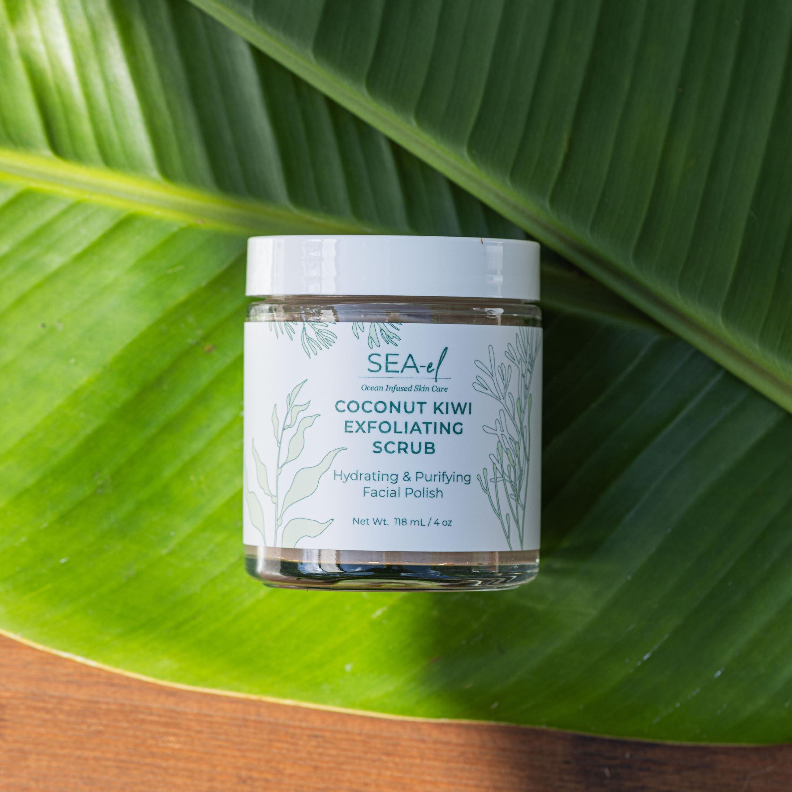 Sea-El Sea El Coconut Kiwi Exfoliating Face Scrub Hydrating Calming & Purifying Anti Aging Exfoliator - Bamboo Pumice & Green Tea Detoxifying Exfoliant Facial Cleanser & Polish for Women & Men - 4 Oz