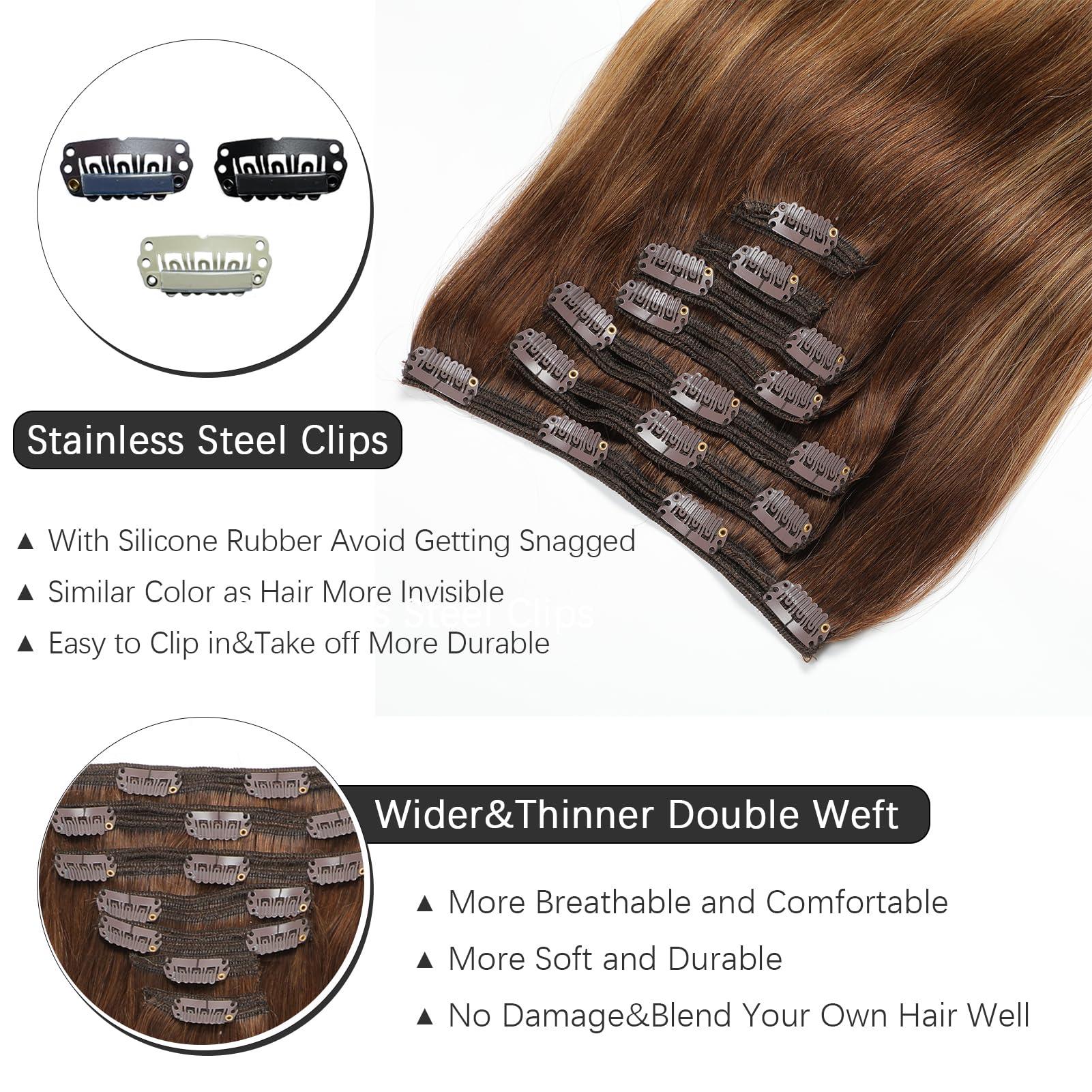 Rimoss Clip in Hair Extensions Real Human Hair Rimoss 160g Premium 20 Inch 7pcs Ombre Chocolate Brown to Caramel Blonde Balayage Remy Human Hair Clip ins Extensions Straight for Women (20 Inch)