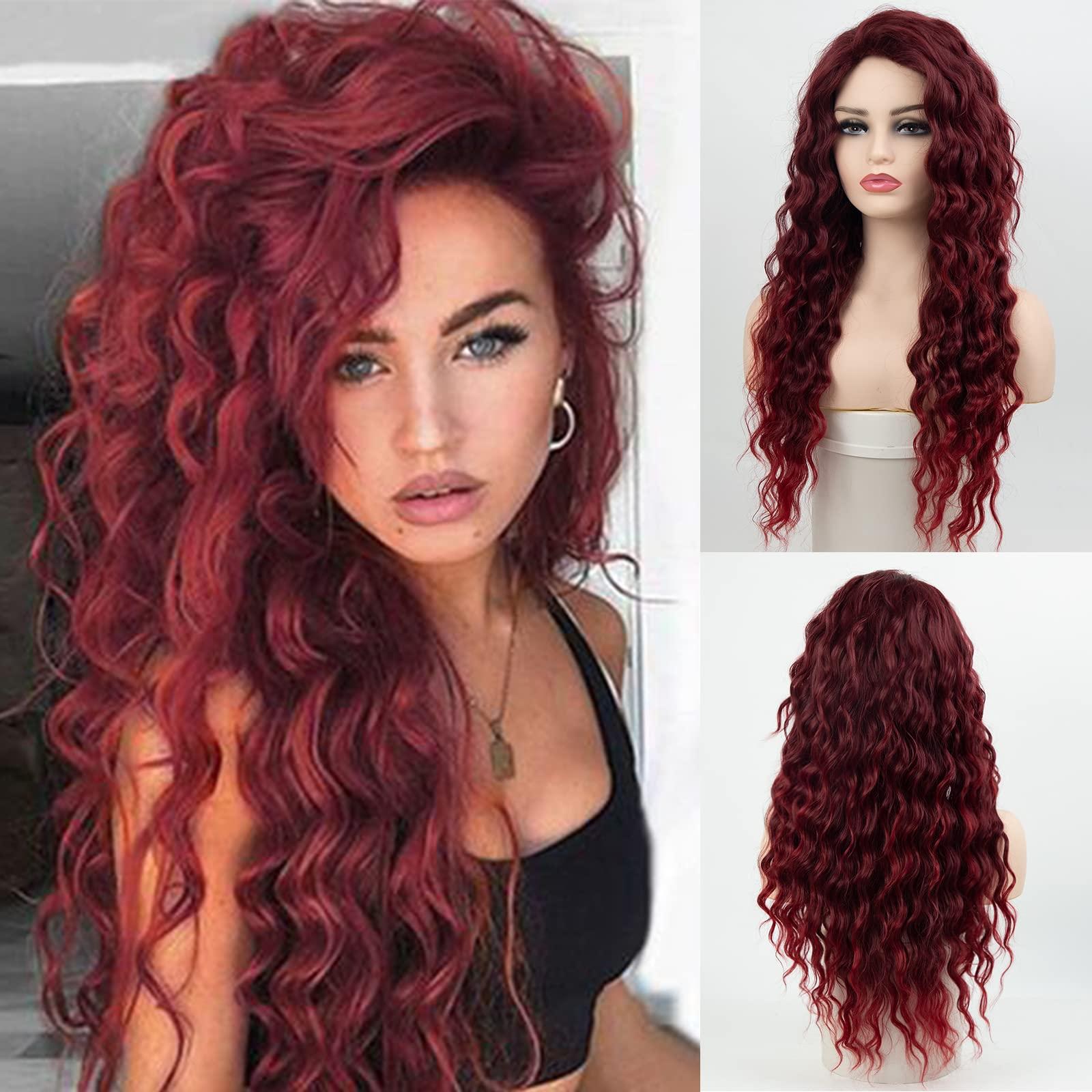 Fencca Fencca Burgundy Long Curly Wigs for Women Heat Synthetic Wig Wine Red Wavy Long Curly Hair Wig