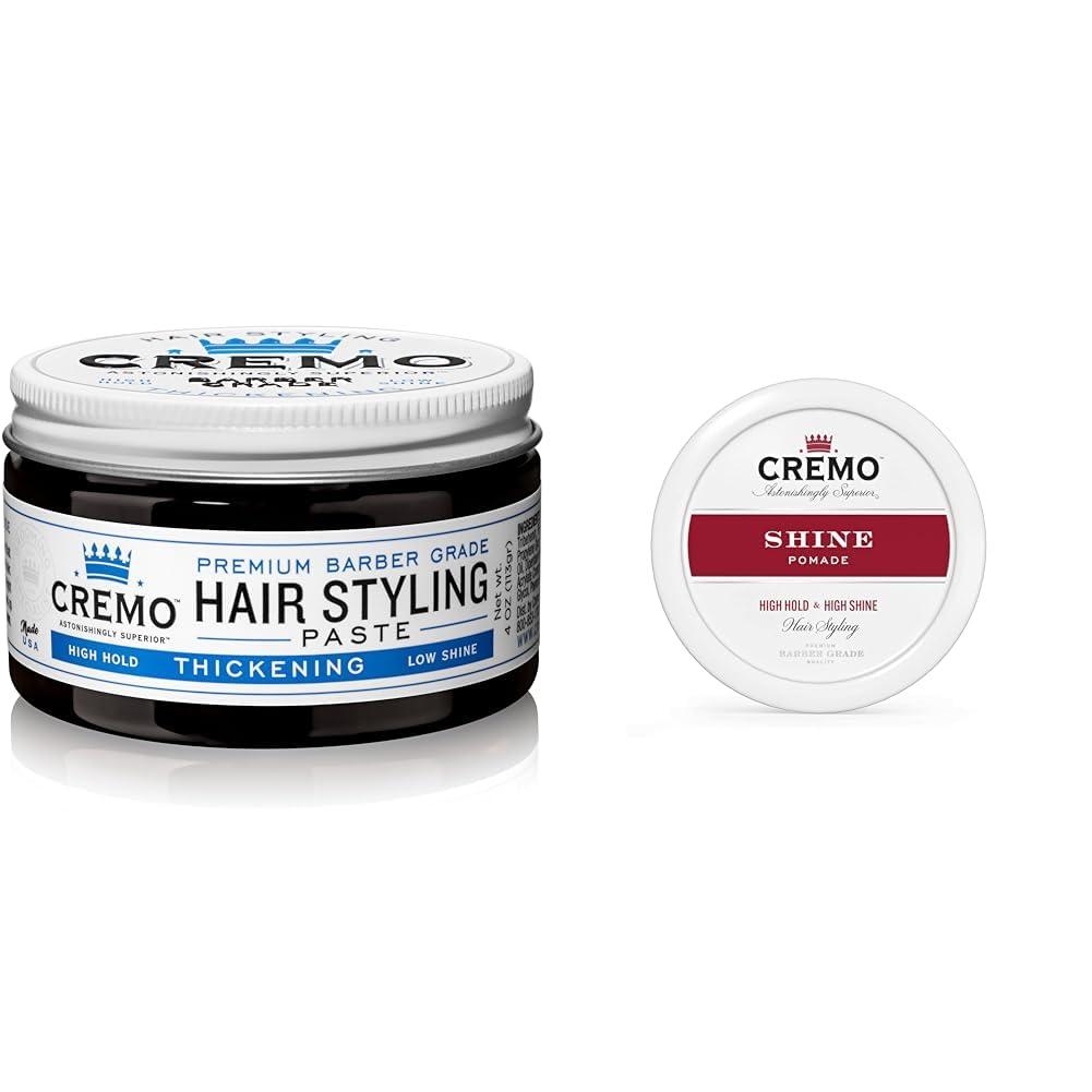 Cremo Cremo Premium Barber Grade Hair Styling Thickening Paste, High Hold, Low Shine, 4 Oz & Premium Barber Grade Hair Styling Shine Pomade, High Hold & Shine, 4 Oz