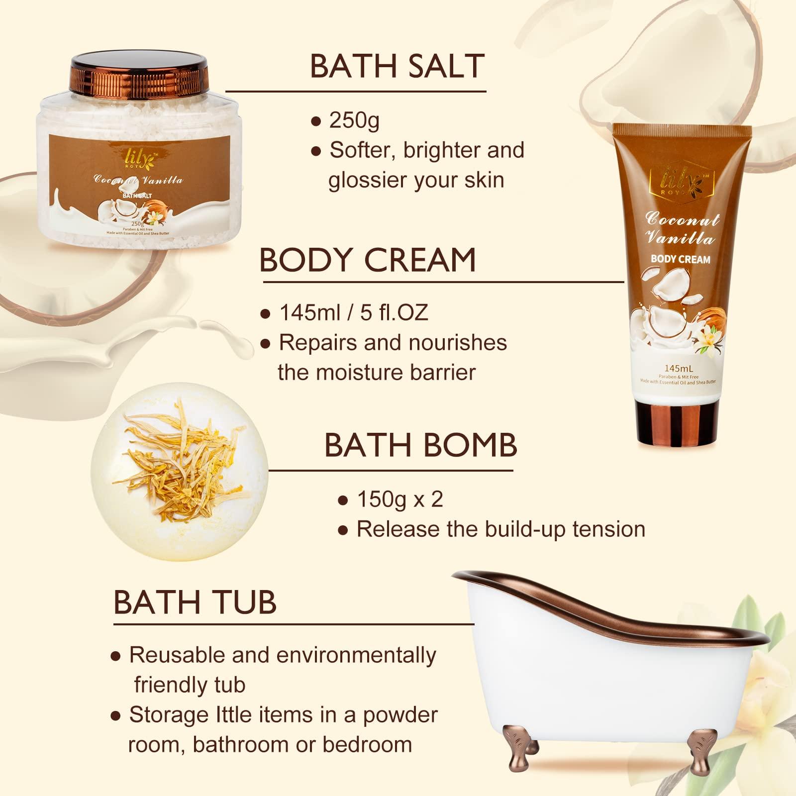 LILY ROY Spa Gift Tub Set Bath and Body Gift Sets for Women Valentines Day Gifts Coconut Vanilla Mom Birthday Gifts Christmas Gift Spa Bath Gifts for Men Spa Kit Perfume Self Skin Care for Fathers Mothers Day