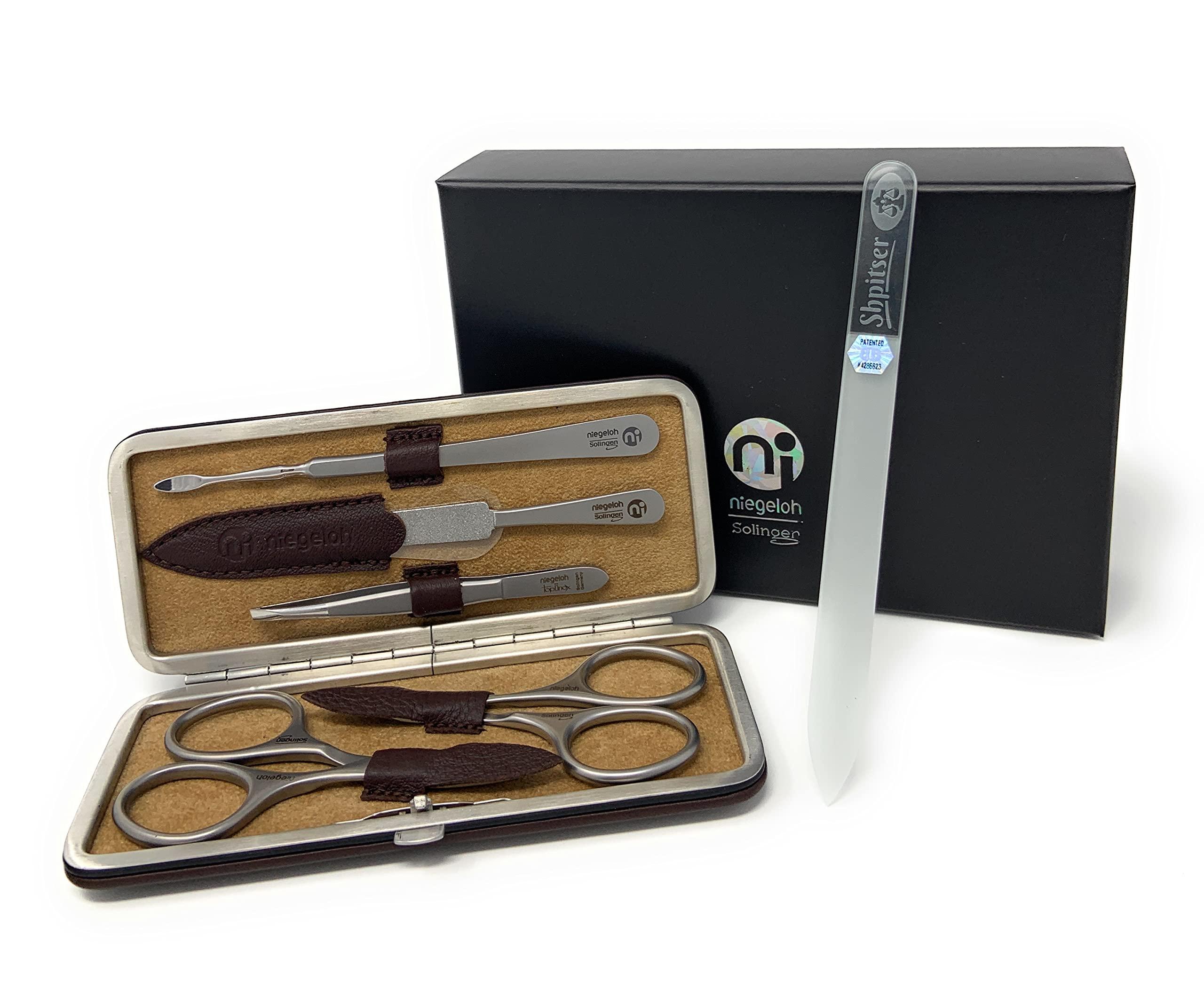 Niegeloh Niegeloh Solingen TopInox Surgical Stainless Steel Luxuries Manicure Set Grooming kit In Quality Nappa Leather Case Made in Germany Plus BONUS: SHPITSER Crystal Glass Nail File