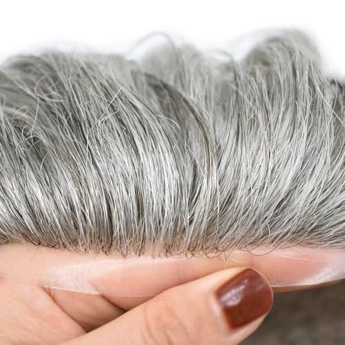 LYRICAL HAIR Toupee for Men Hair System Replacement Mens Human Hair Piece Fine Mono Mens Toupee Clear Poly Skin Around Hairpiece Monofilament Wig 6\"X8\" #1B80 Off Black+80% Gray-110% Light to Medium Density