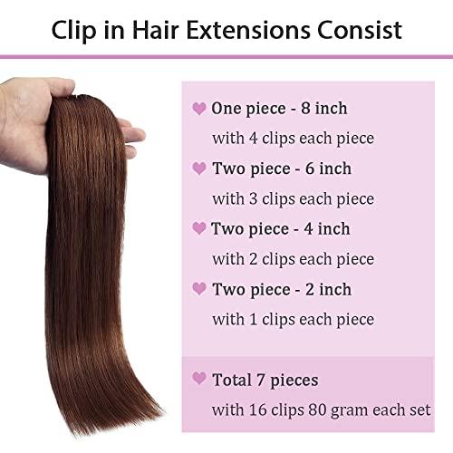 BUGUQI 80g Hair Extensions Clip in Human Hair Darker Brown Human Hair Extensions Clip in Real Hair Straight Thick Weft 20 Inch 7pcs